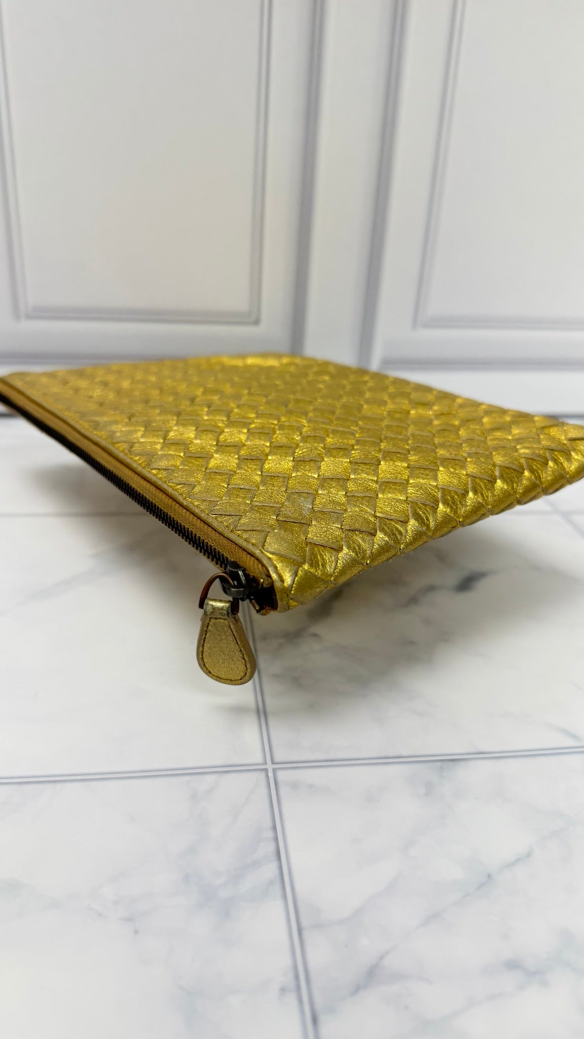 Bottega Veneta Gold Intrecciato Leather Clutch