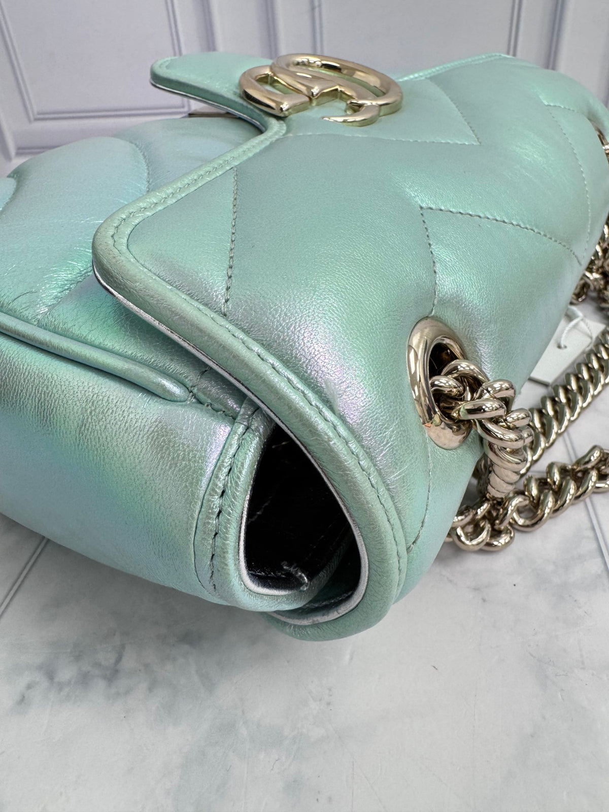 Gucci Iridescent Salvy Green GG Marmont Small Matelasse Shoulder Bag
