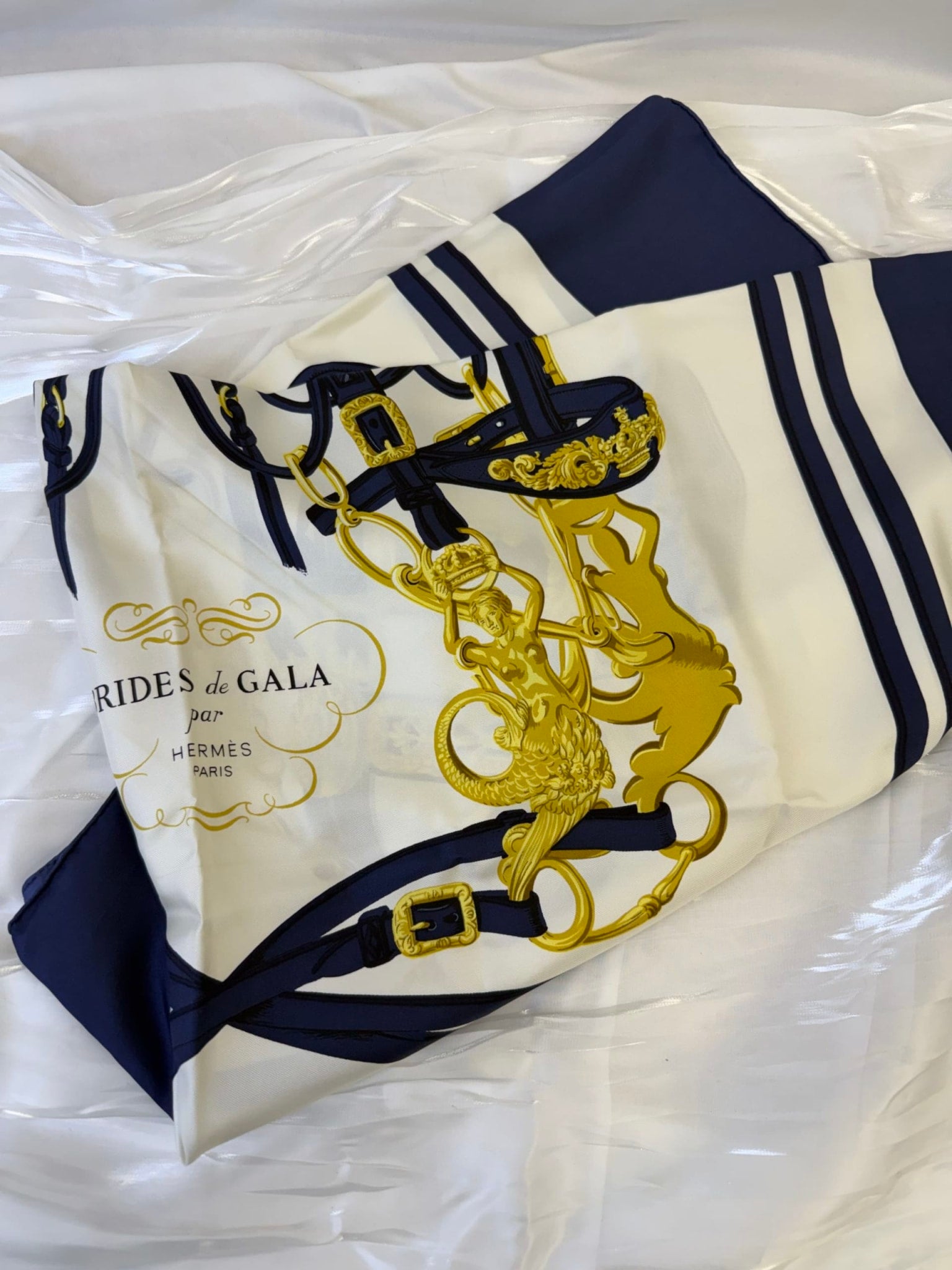 Hermes Navy And White Silk Scarf