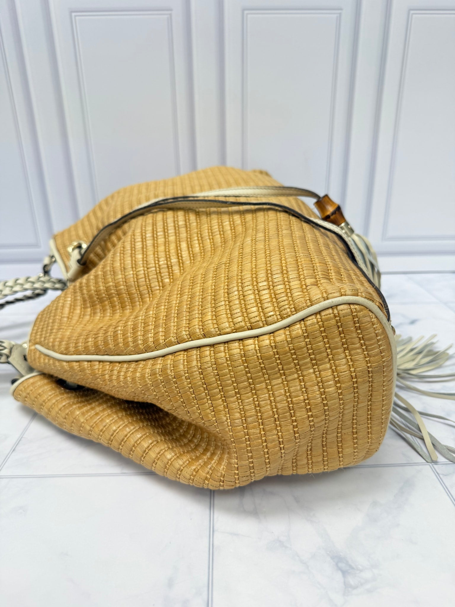 Gucci Natural Raffia Bamboo Peggy Shoulder Bag