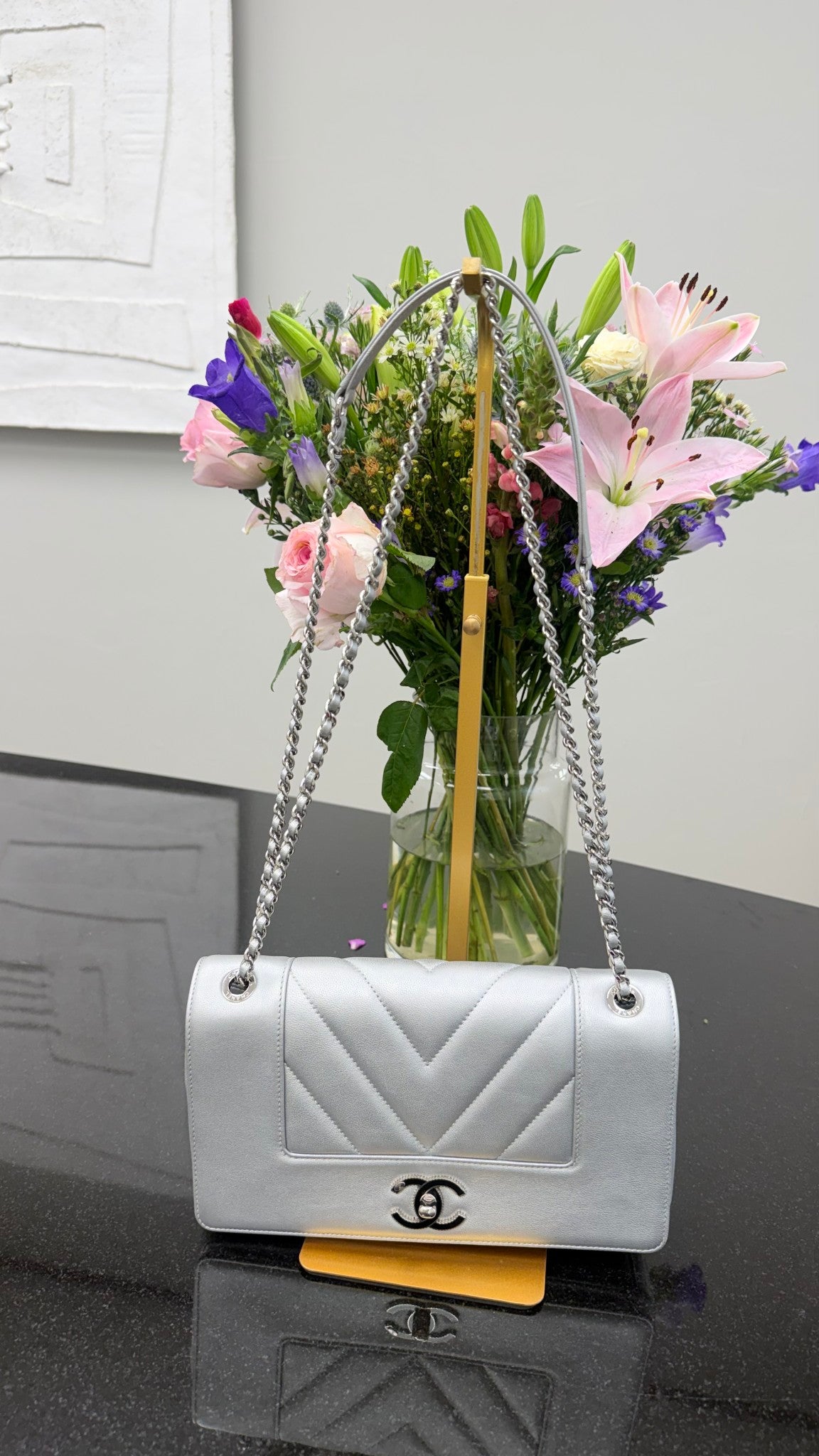 Chanel Silver Leather Mademoiselle Medium Double Flap Bag