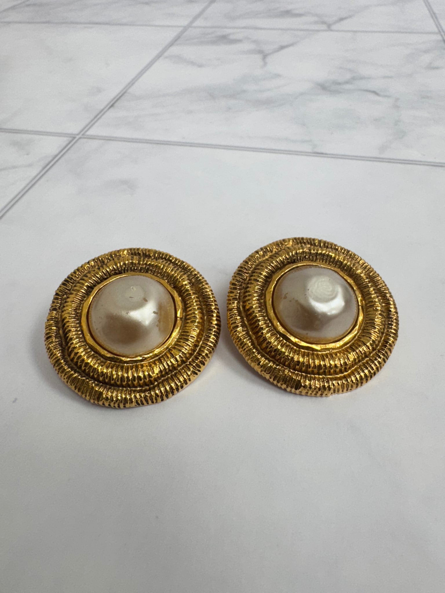 Chanel Gold Plated Vintage Round Pearl Clip-On Earrings