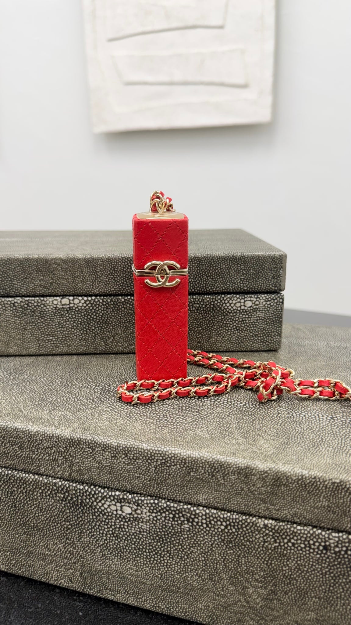Chanel Red Lambskin Leather Lipstick Case Holder Crossbody