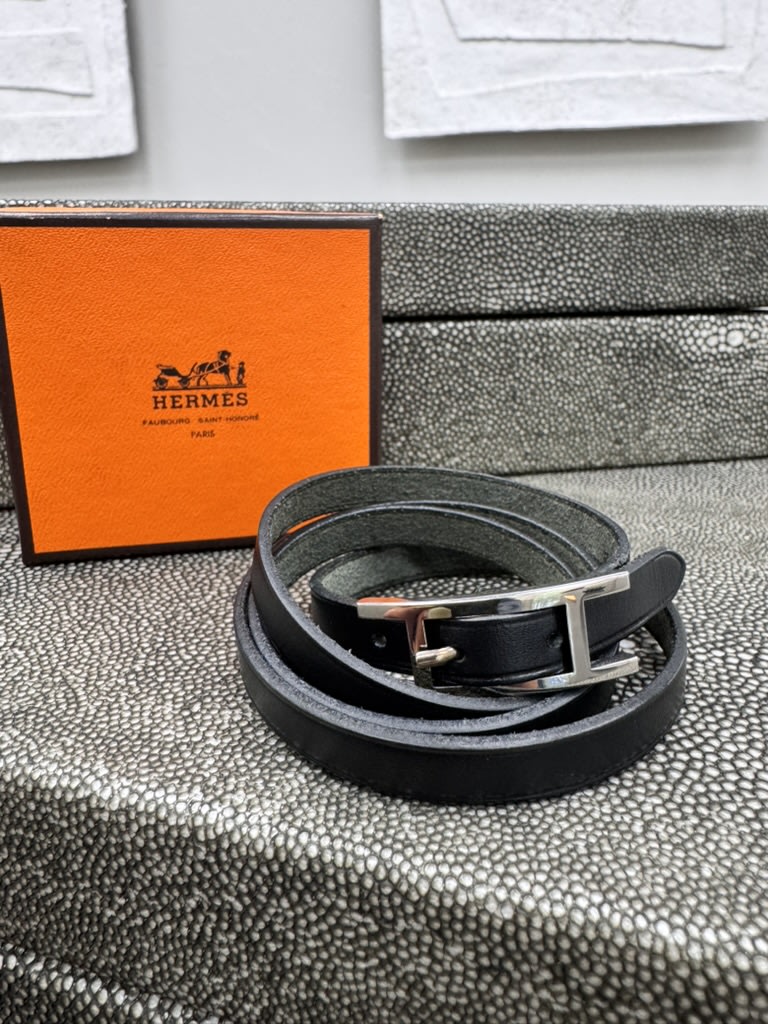 Hermes Black Leather Hapi 3 Triple Wrap Bracelet