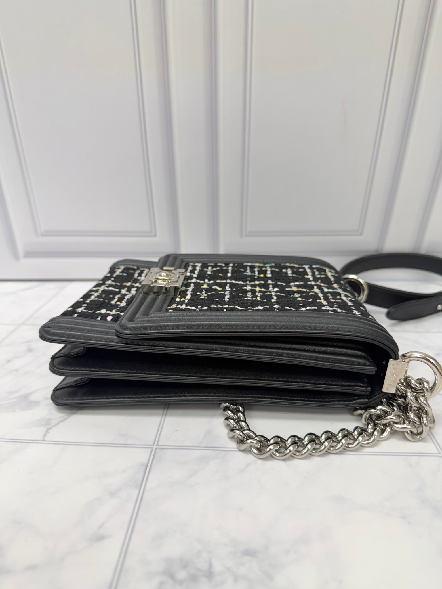 Chanel Black Tweed North South Boy Flap Bag