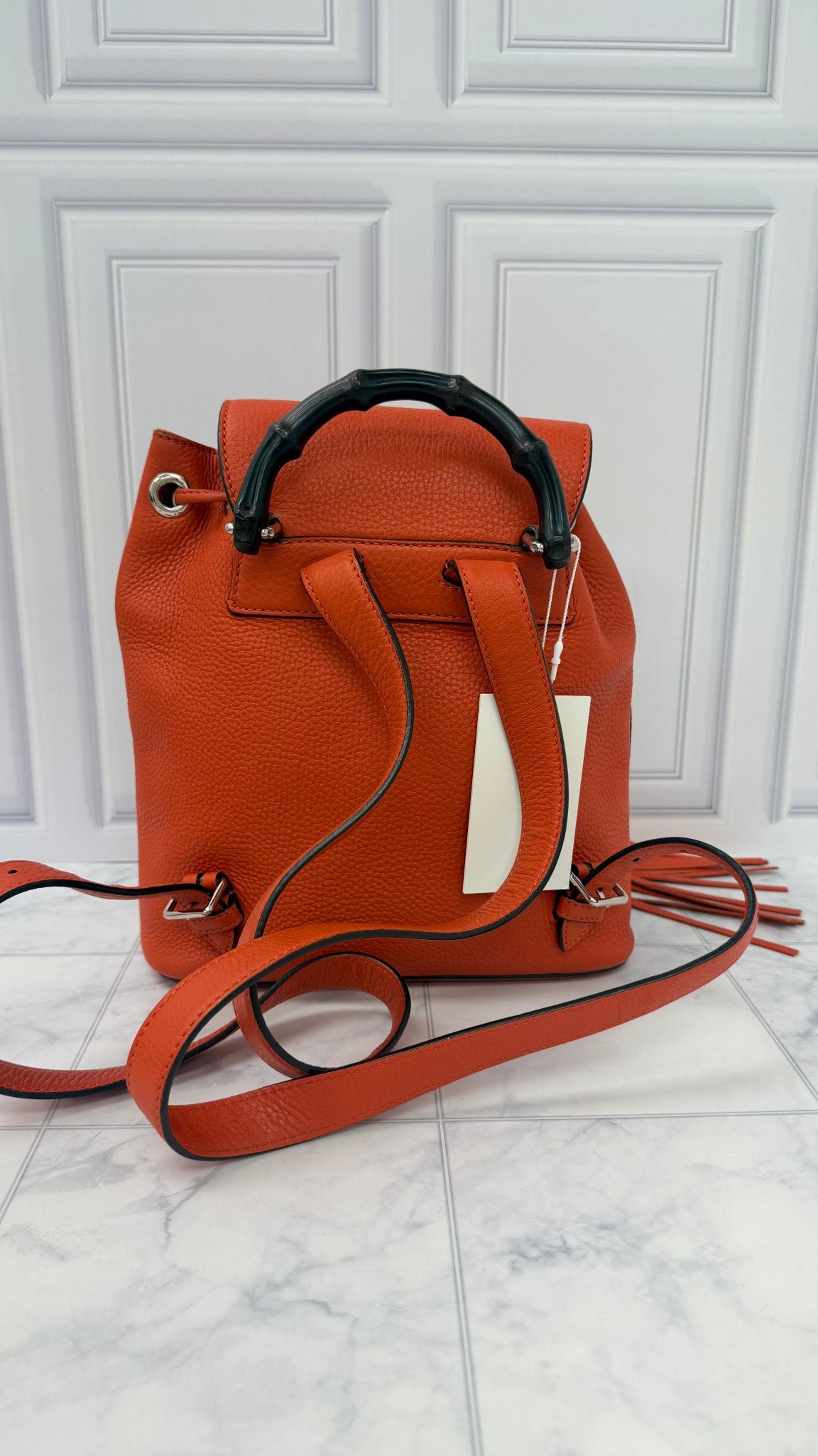 Gucci Orange Grained Leather Bamboo Backpack