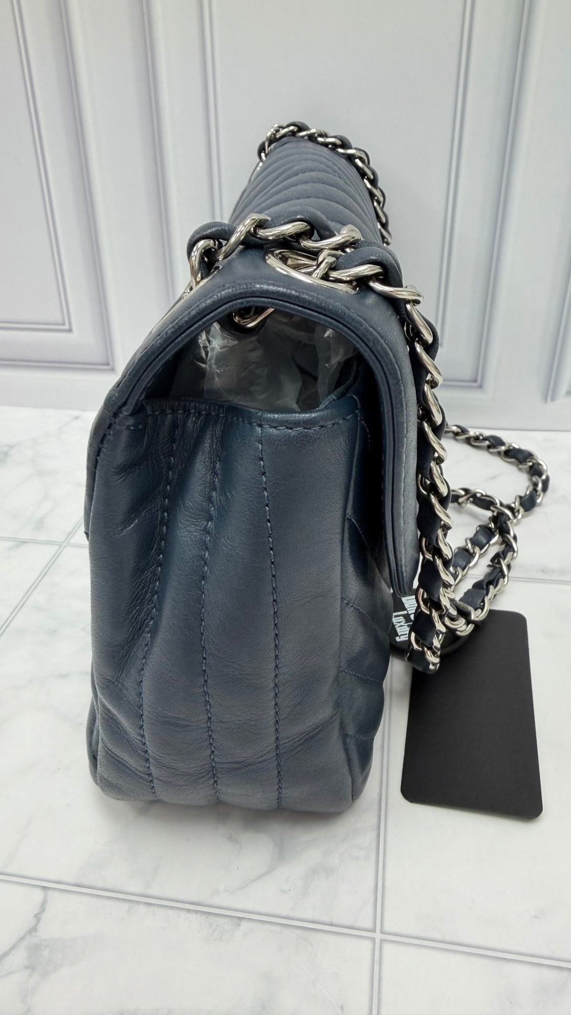 Chanel Navy Chevron Quilted Calfskin Round CC Flap Bag