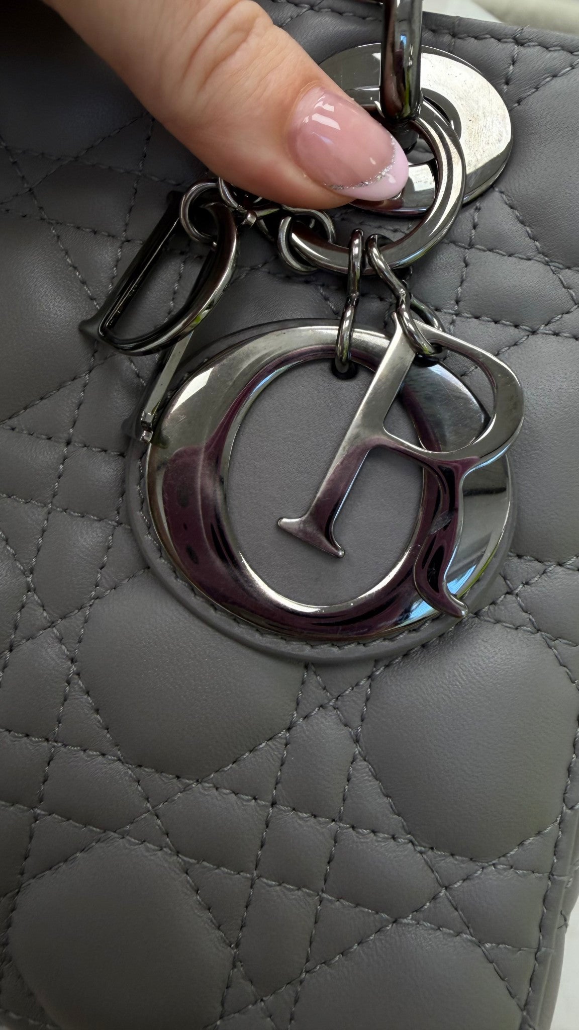Christian Dior Matte Grey Cannage Leather Small Lady Dior & Twilly