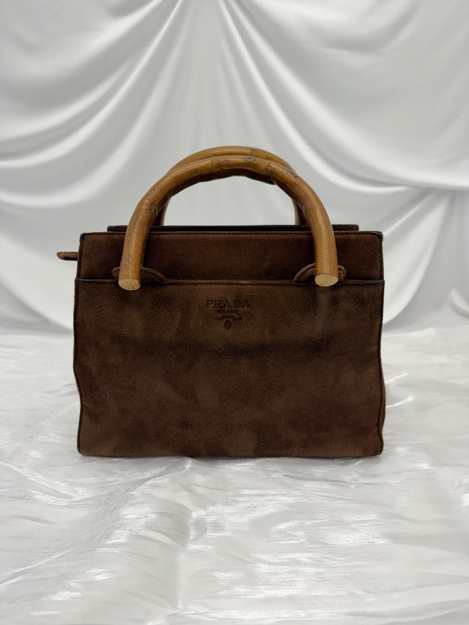 Prada Vintage Brown Suede & Wooden Handle Bag