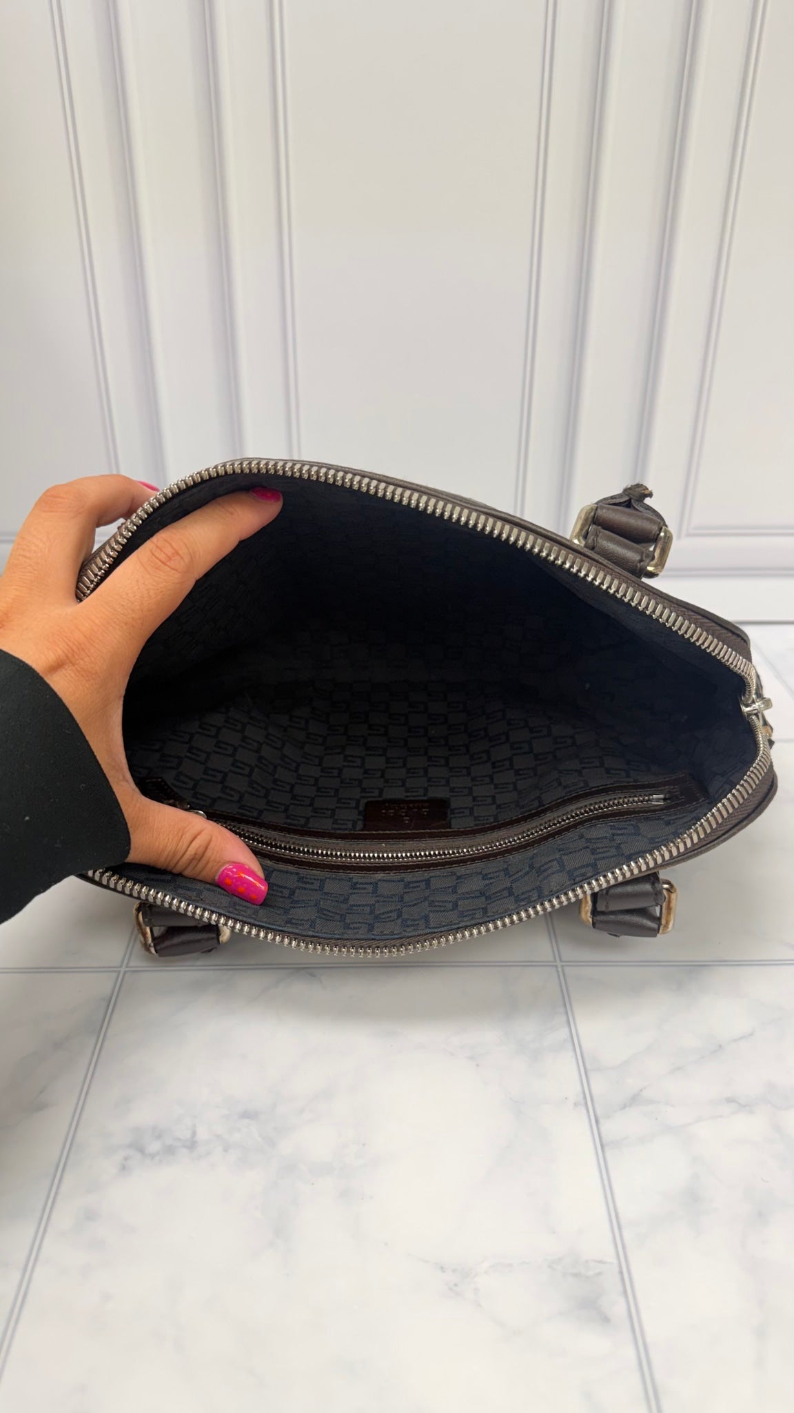 Gucci Brown Leather Beige Web Canvas shoulder bag