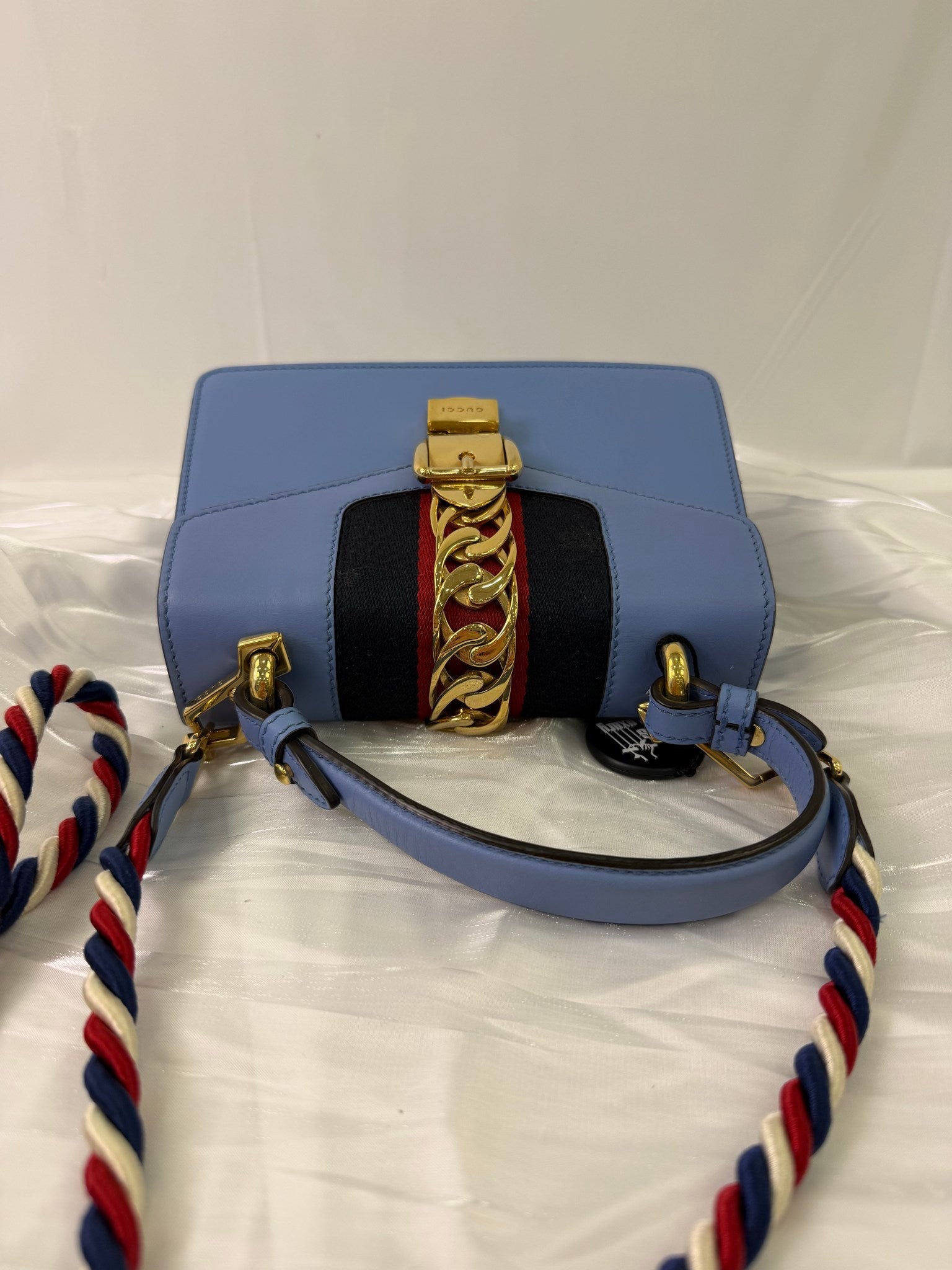 Gucci Blue Leather Sylvie Mini Top Handle Bag
