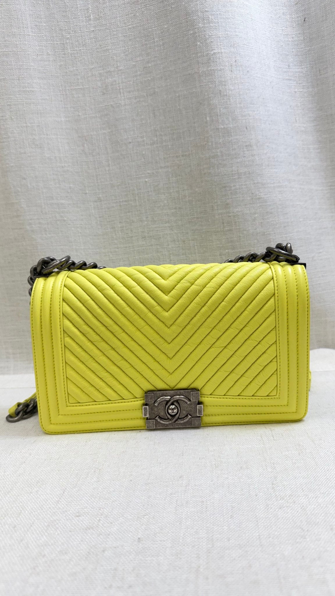 Chanel Yellow Chevron Quilted Leather Medium Boy Flap Bag
