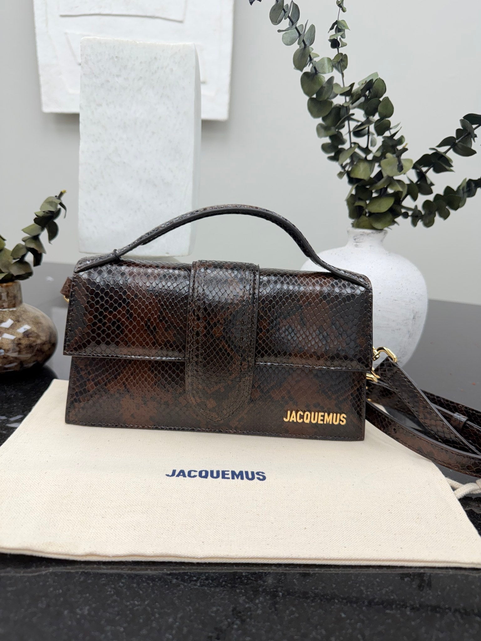 BRAND NEW - Jacquemus Brown Snakeskin Embossed Le Grand Bambino Handbag 2Way Handbag
