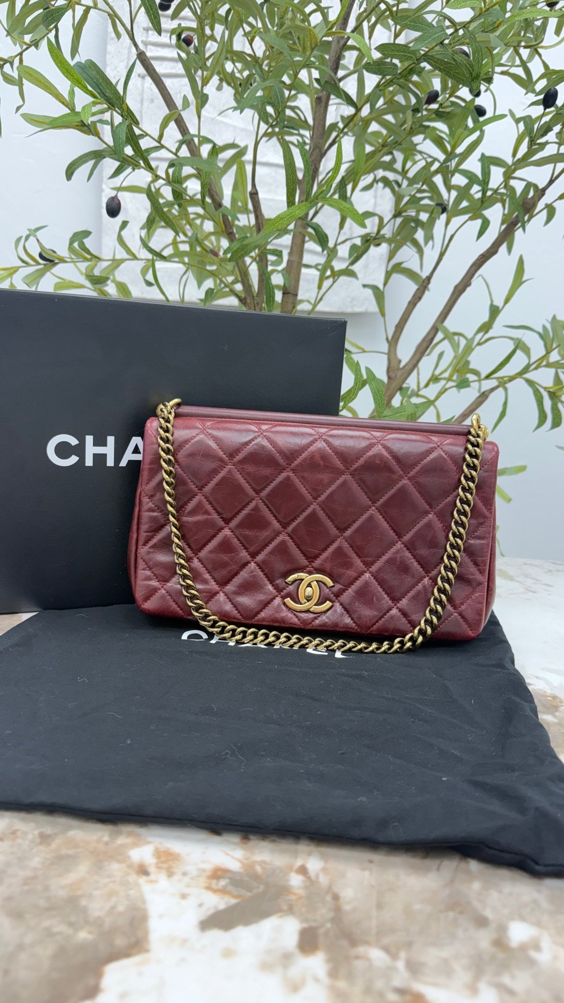 Chanel Burgundy Quilted Aged Calfskin Medium Bar Flap Bag