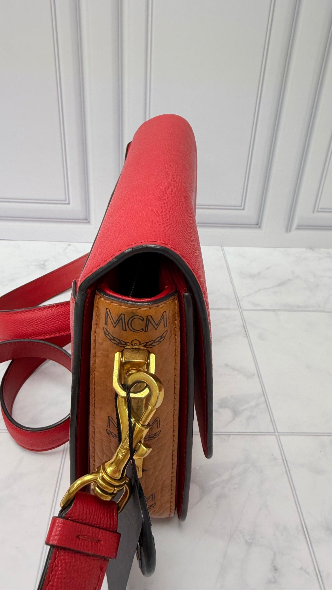 MCM Red Leather & Visetos Print Mena Shoulder Bag