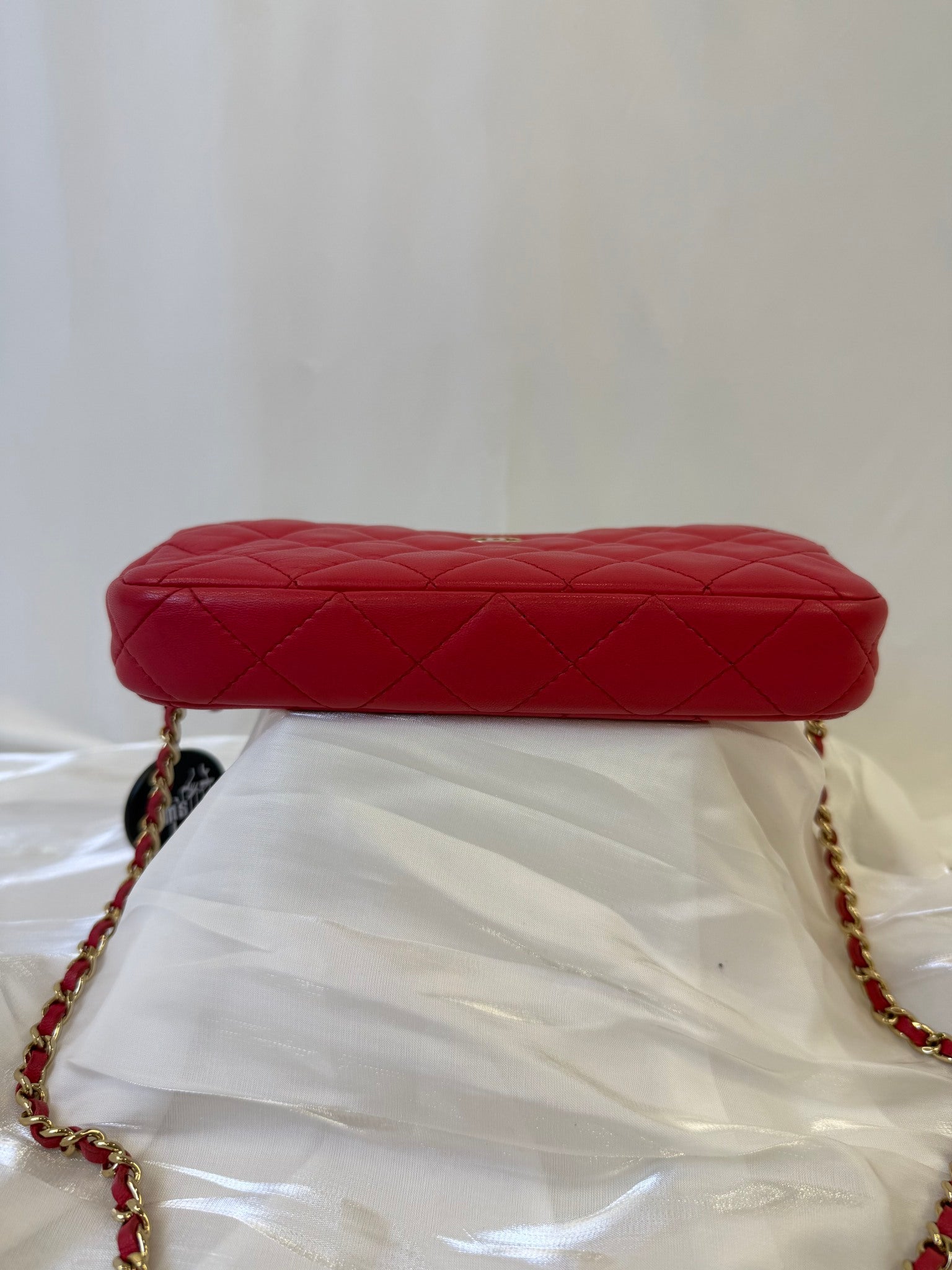 Chanel Red Lambskin Double Zippy Wallet On Chain