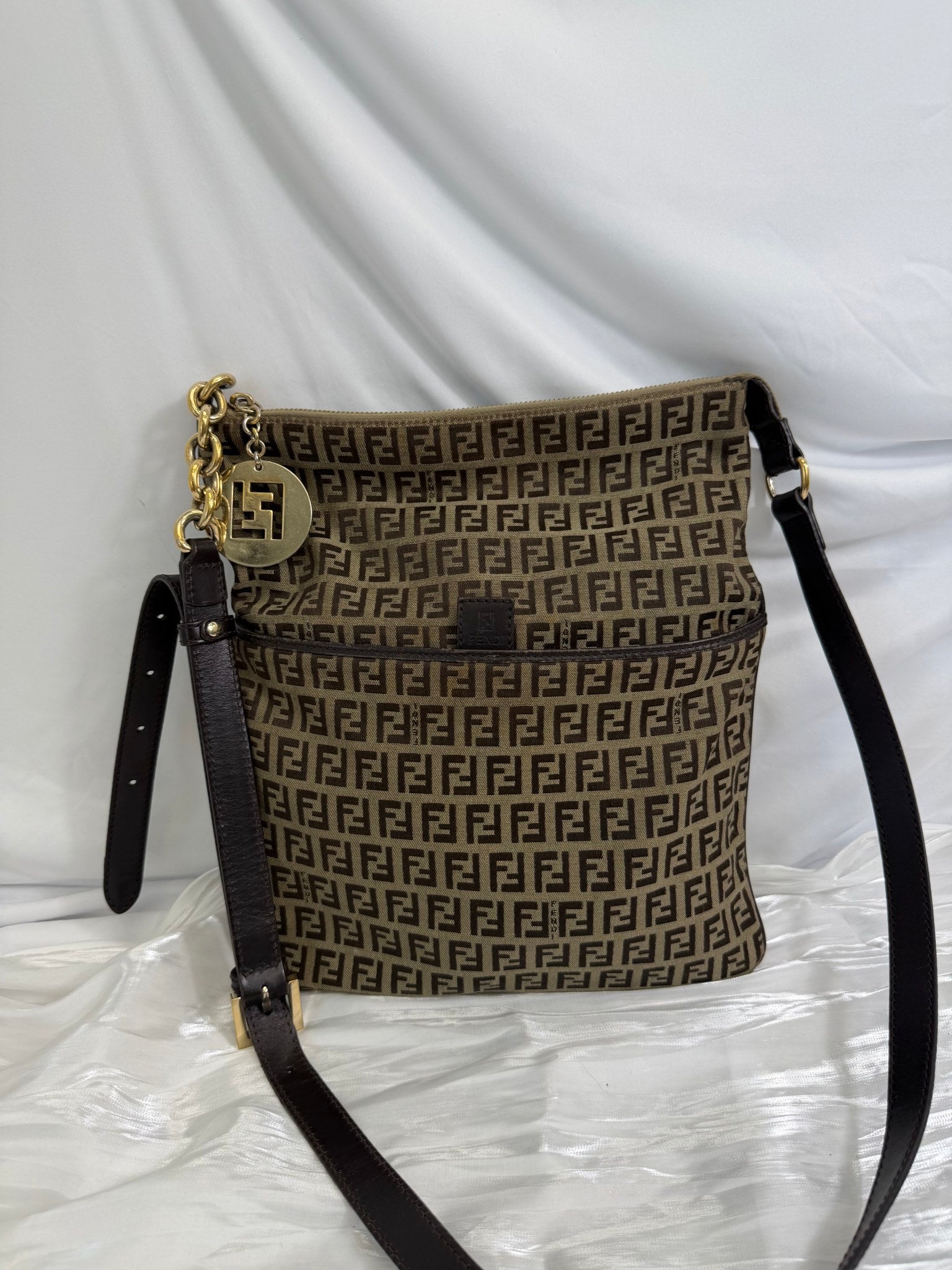 Fendi Brown Zucchino Canvas FF Charm Crossbody