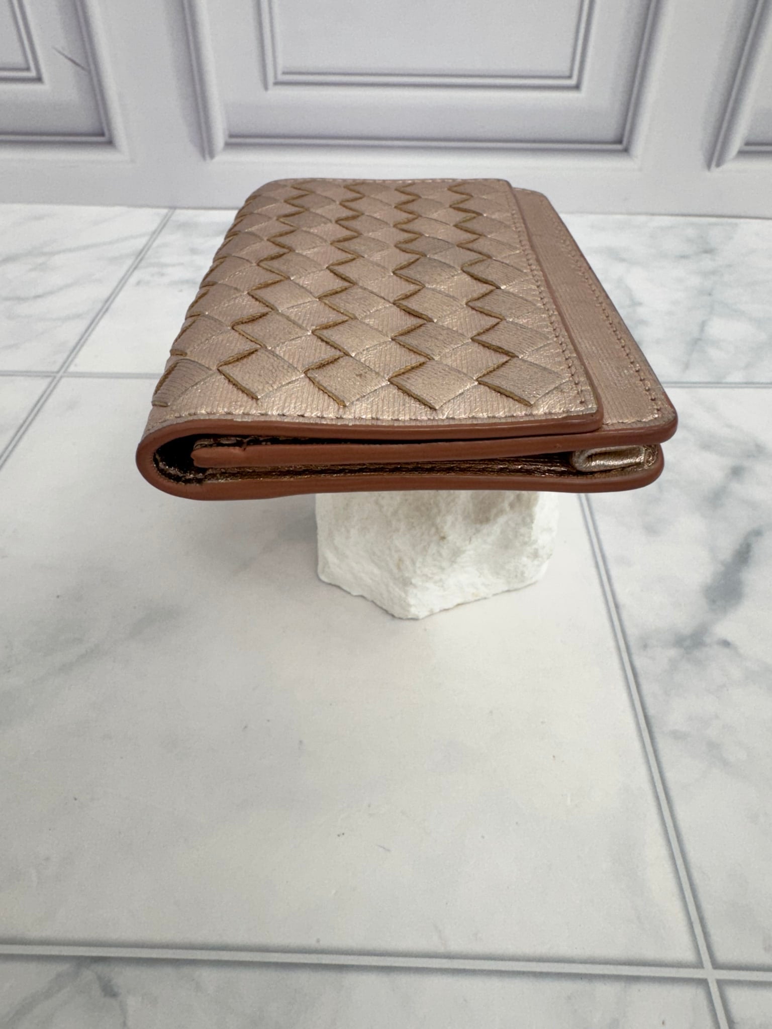 Bottega Veneta Metallic Pink Intrecciato Leather Card Case