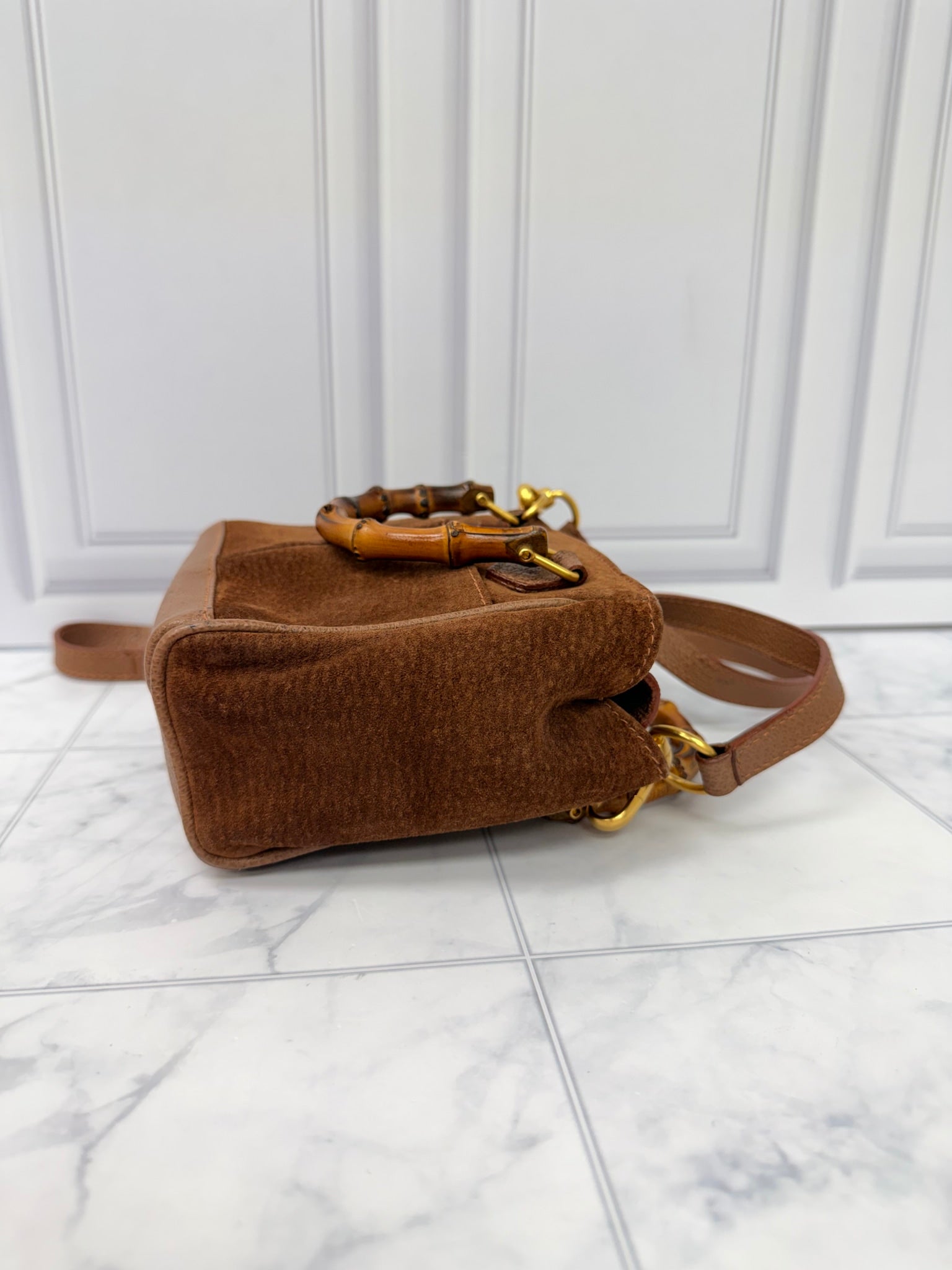 Gucci Brown Suede Leather Mini Bamboo 2Way Handbag