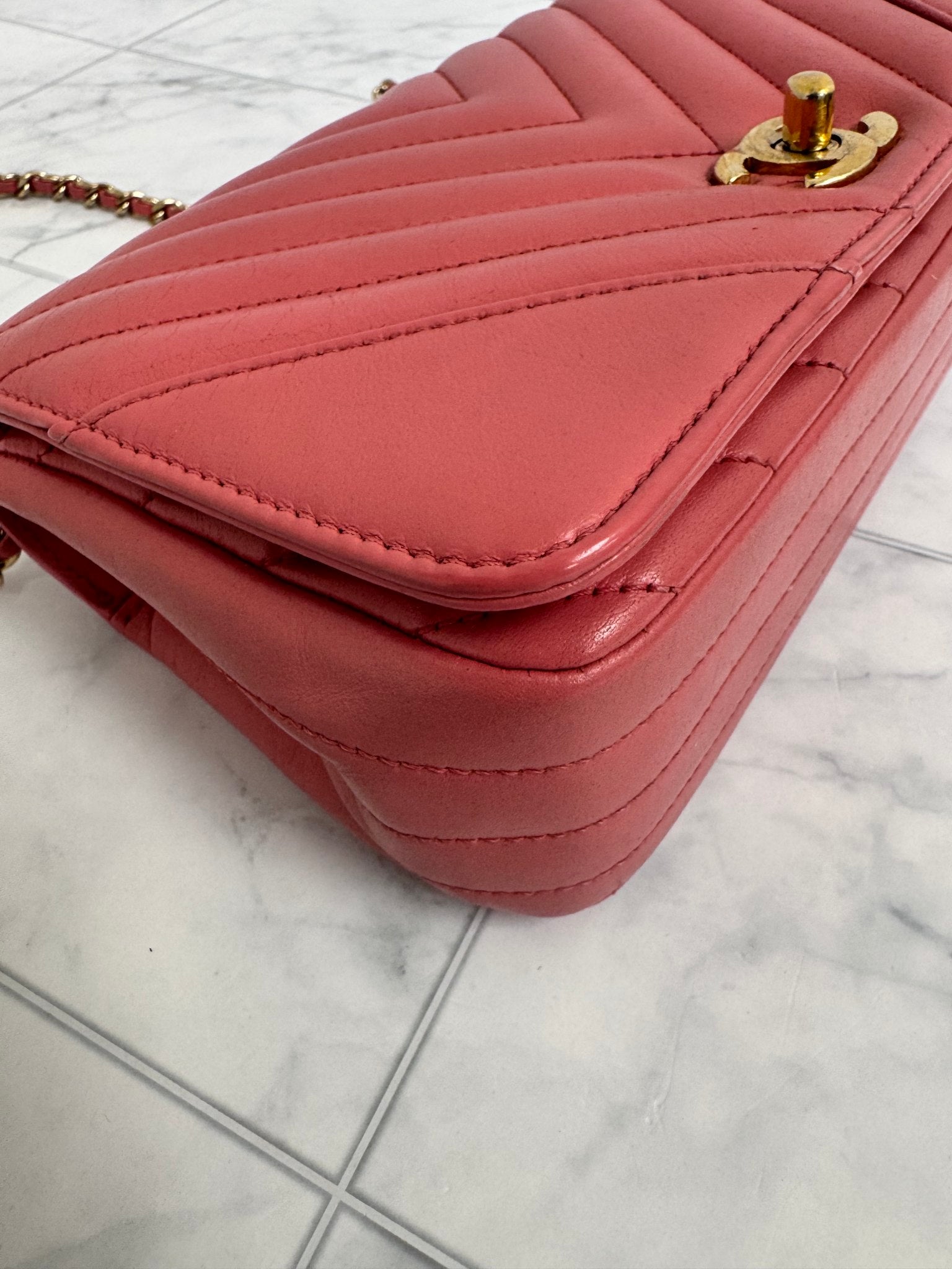 Chanel Pink Chevron Quilted Leather Chain Flap Bag