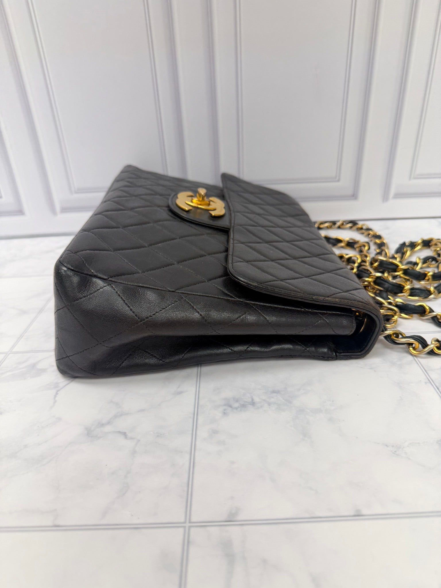 Chanel Vintage Black Leather Jumbo Classic Flap Bag