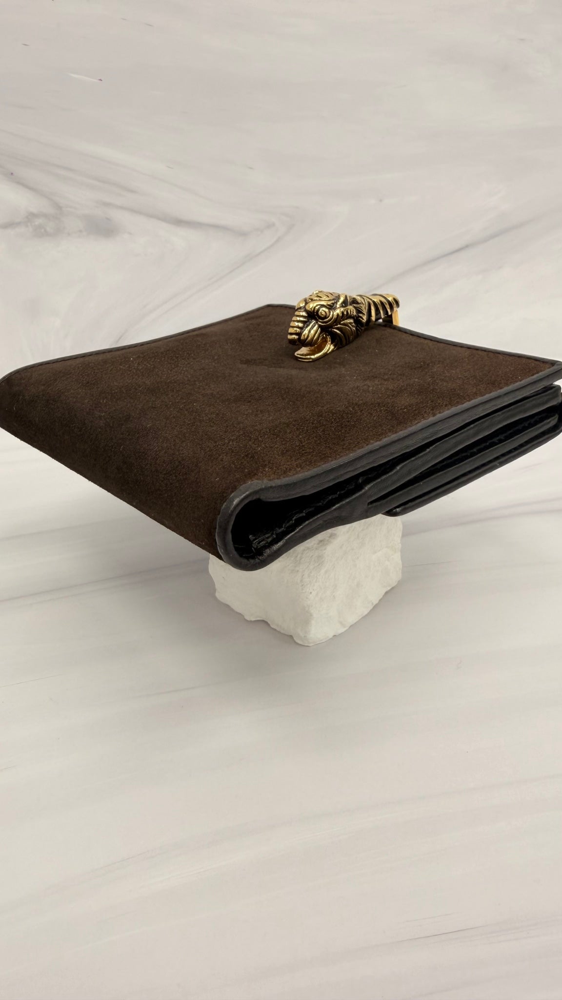 Gucci Brown Suede Leather Tiger Head Compact Wallet