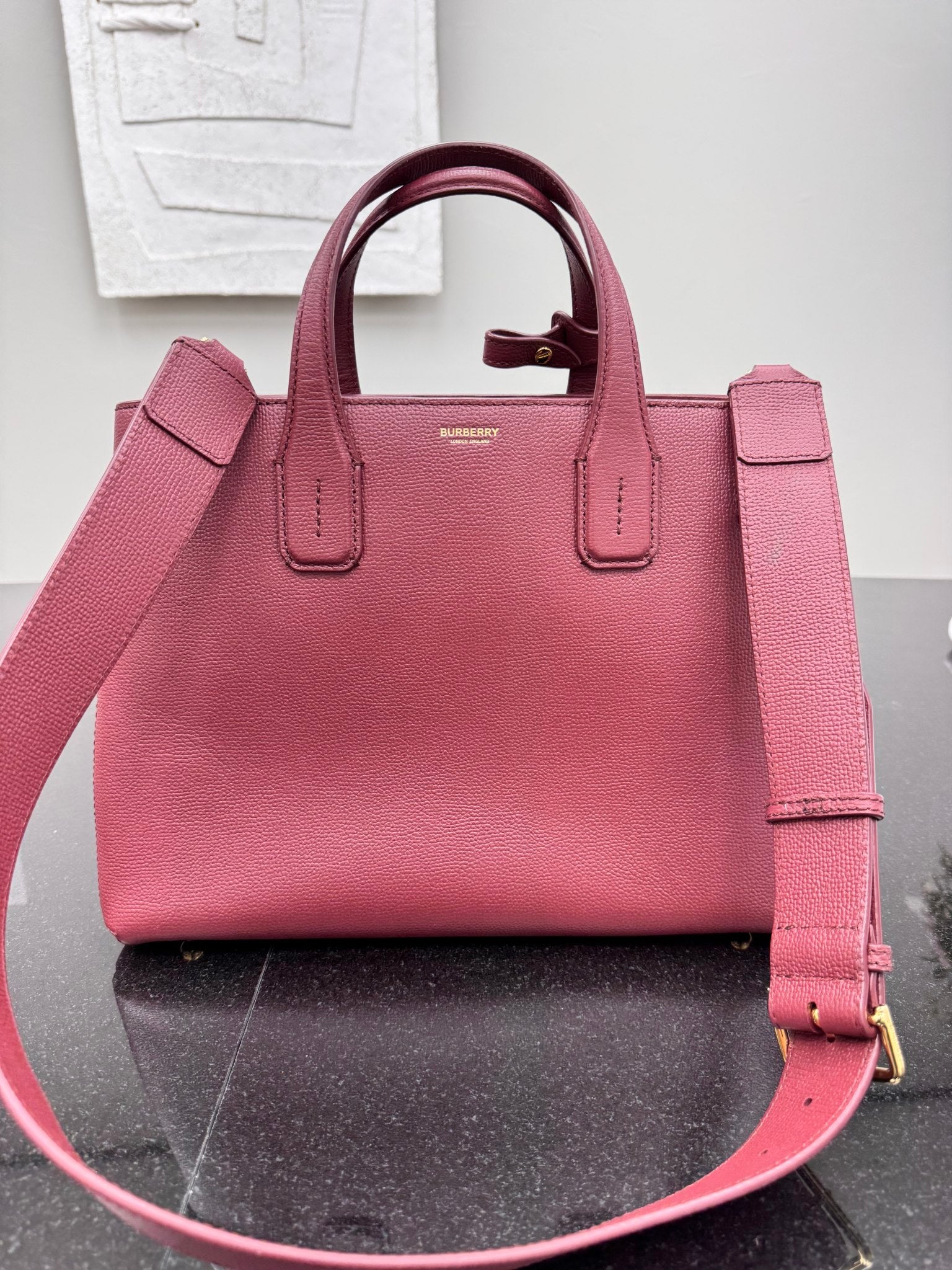 LIKE NEW Burberry Burgundy And Nova Check Grained Leather 2Way Bag