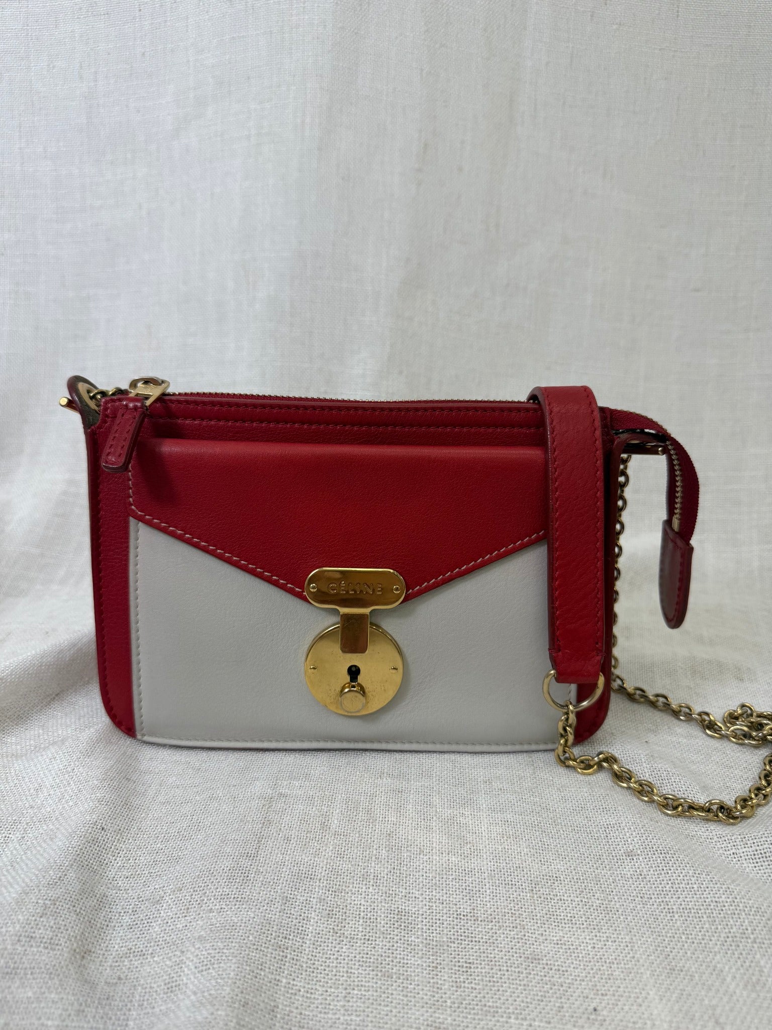 Celine Red And White Two Toned Leather Chain Shoulder Bag