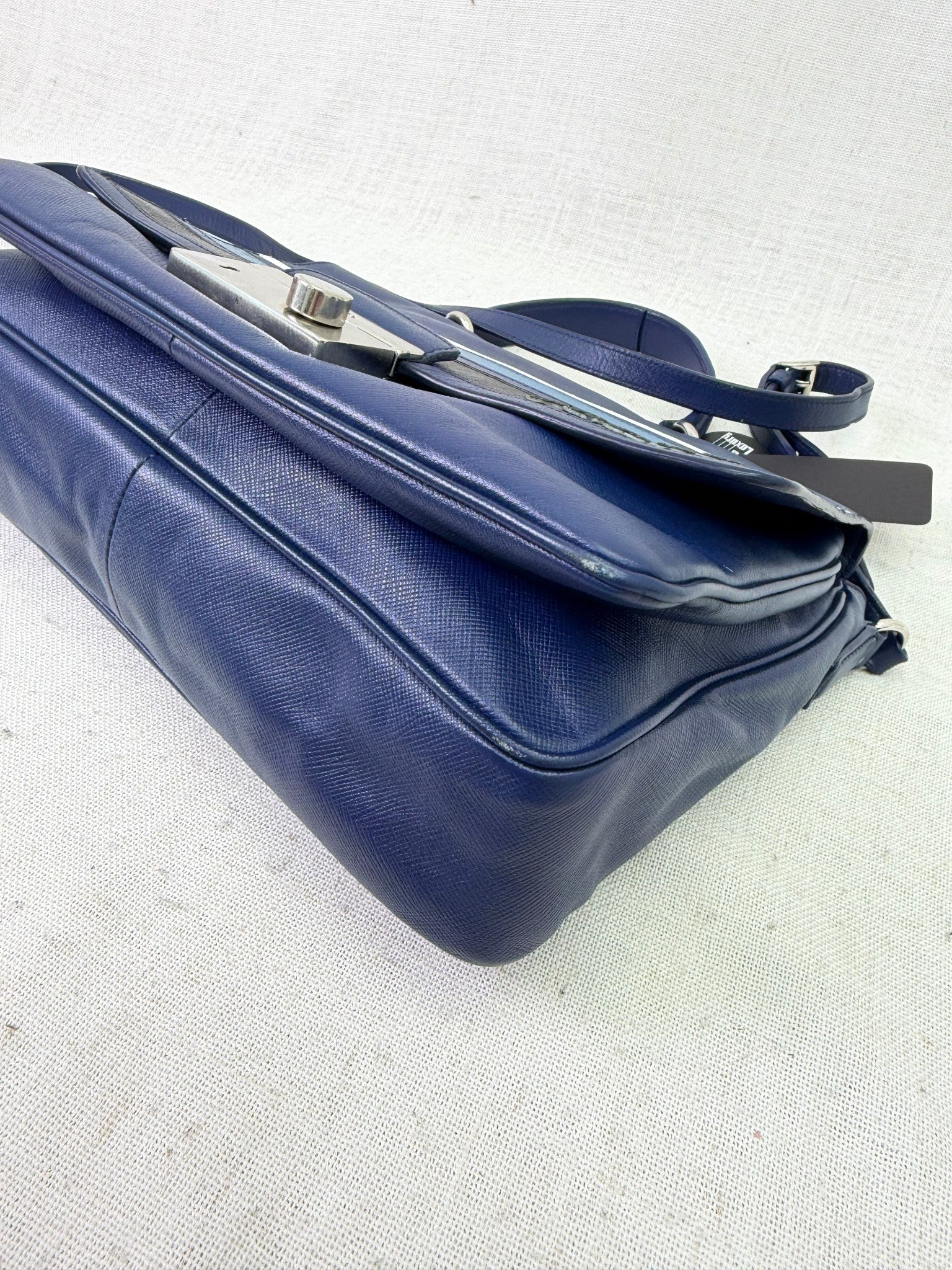 Prada Blue Saffiano Leather Righe Sound Lock Satchel Tote