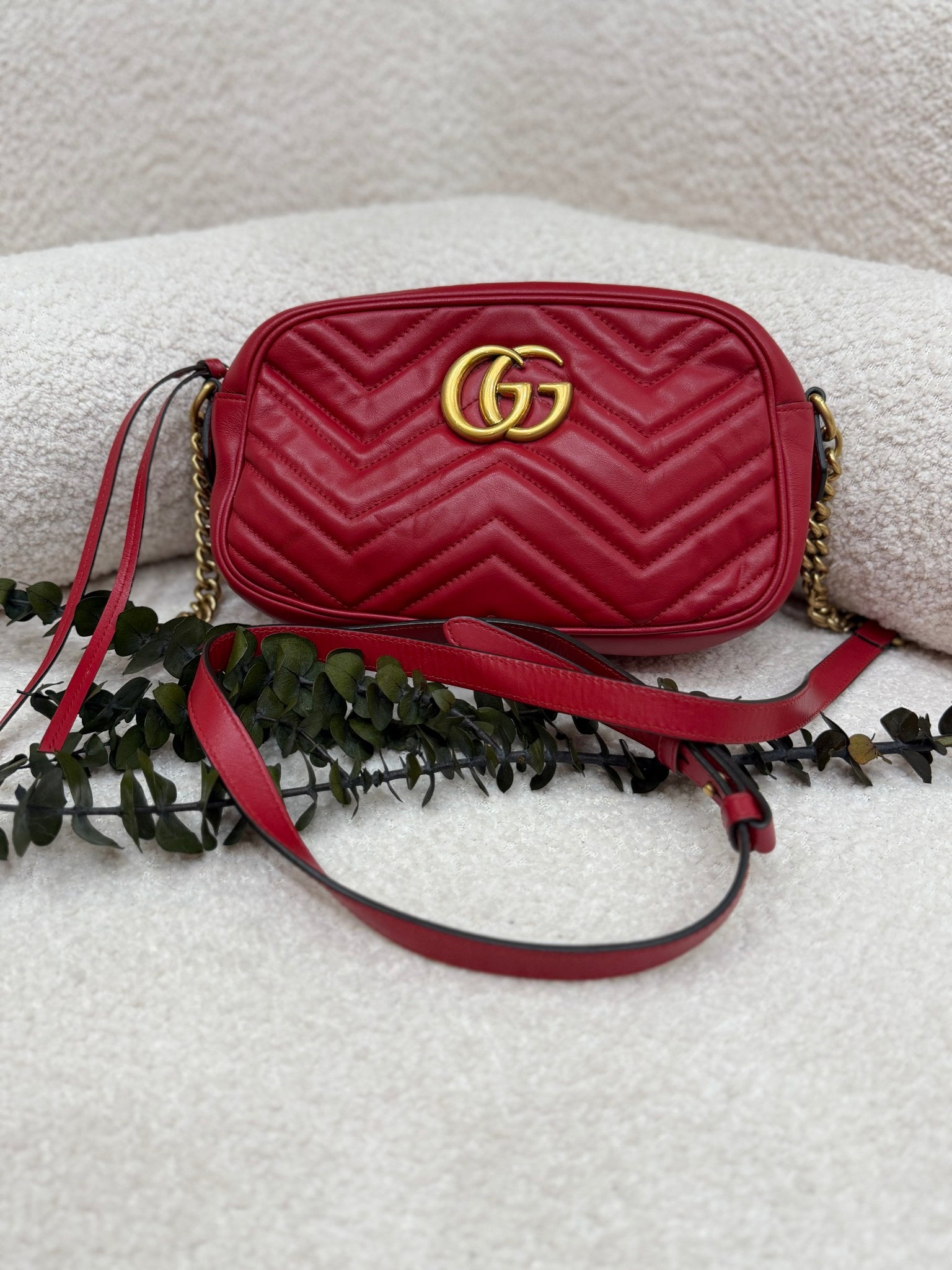 Gucci Red Chevron Quilted Leather GG Marmont Camera Bag