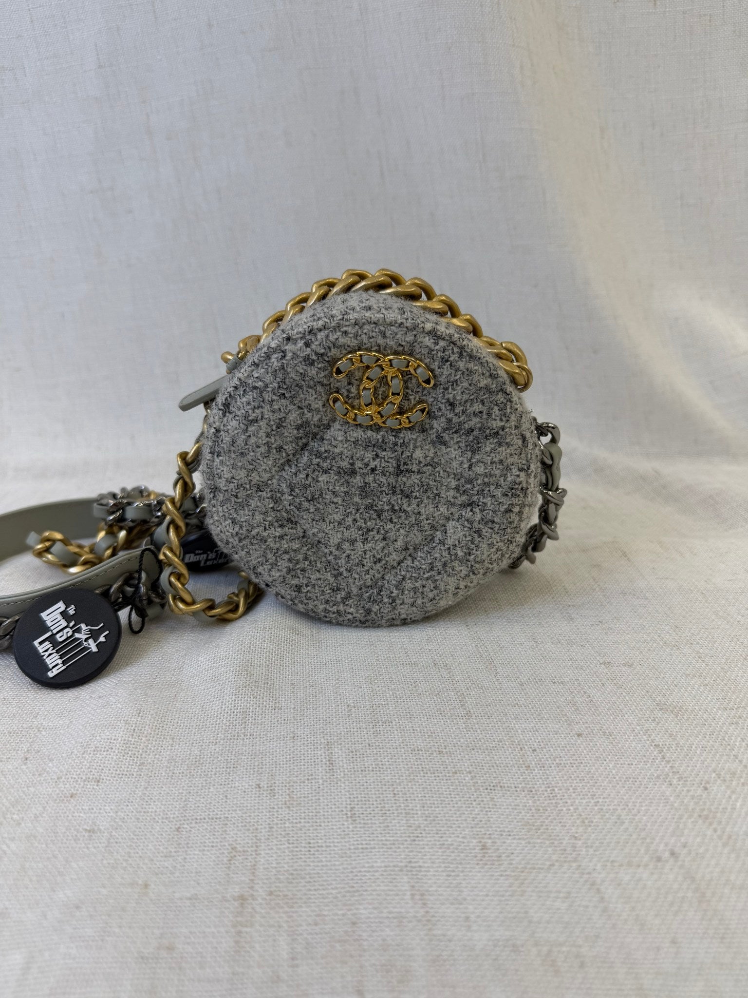Chanel Gray Tweed 19 Quilted Round Clutch Bag