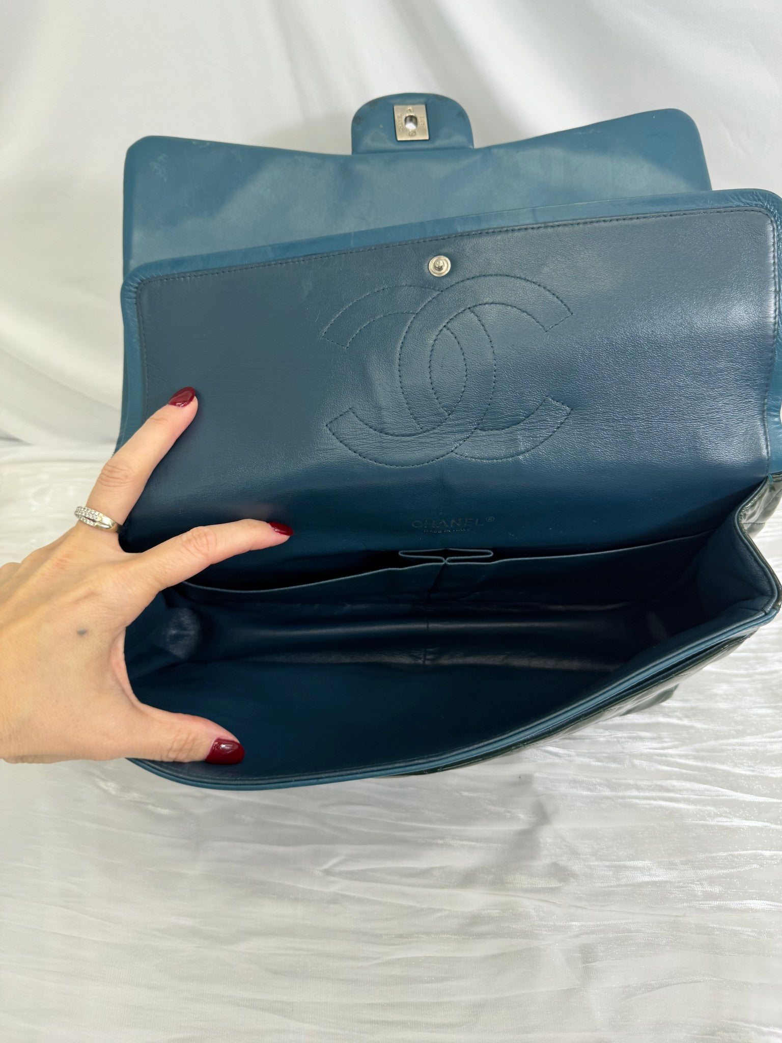 Chanel Dark Green Quilted Patent Leather Maxi Double Flap Bag