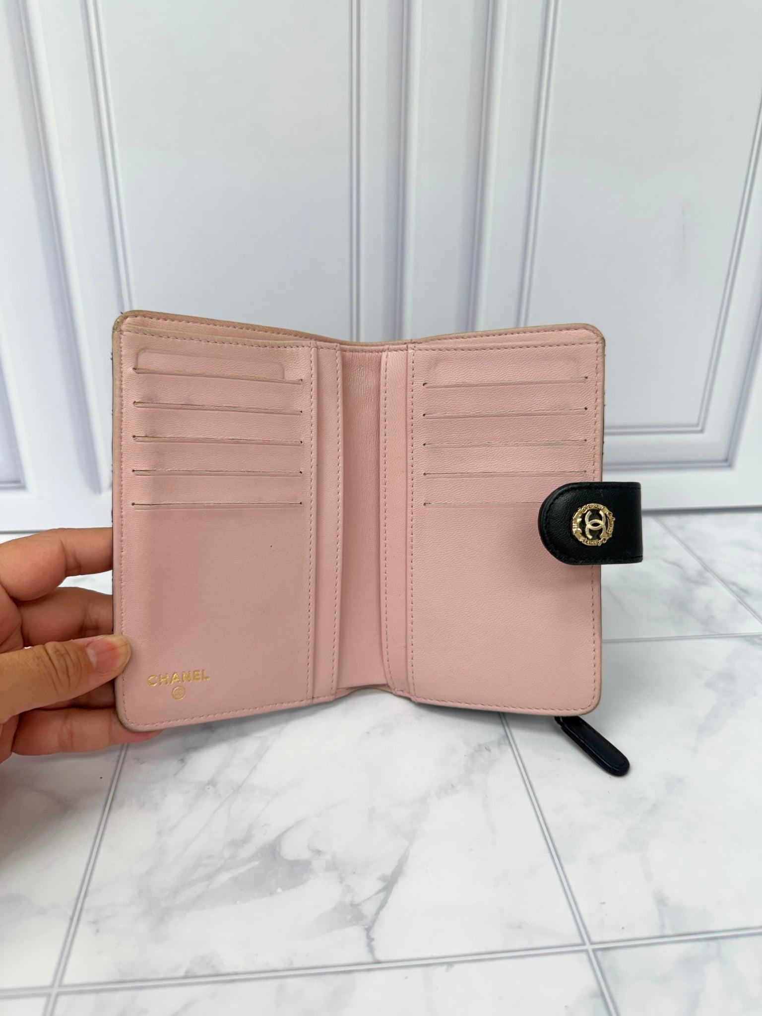 Chanel Black And Pink Lambskin Quilted French Wallet