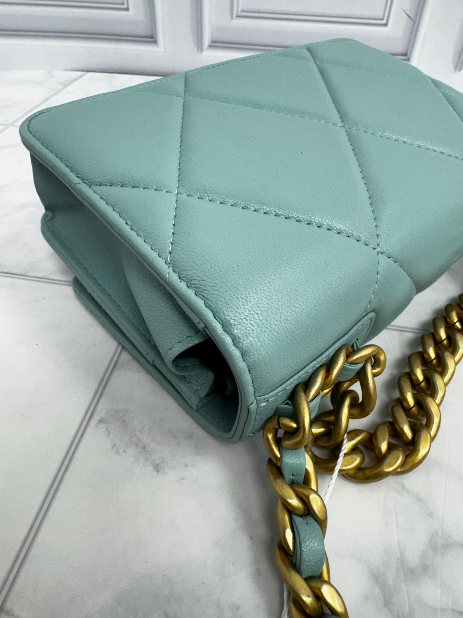 Chanel 19 Teal Quilted Lambskin Leather Wallet On A Chain