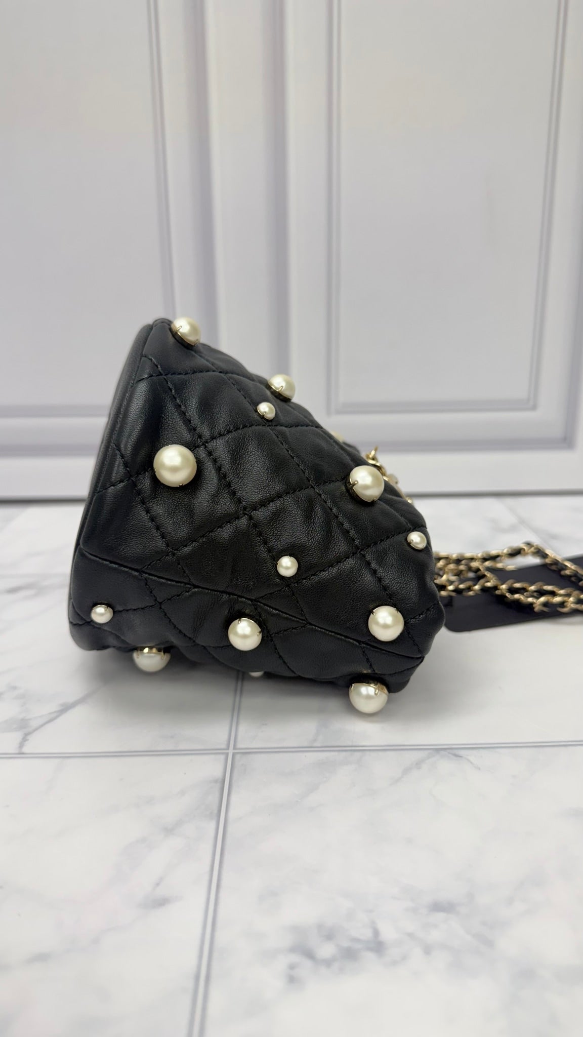 Chanel Black Quilted Lambskin Pearl Mini Bucket Bag