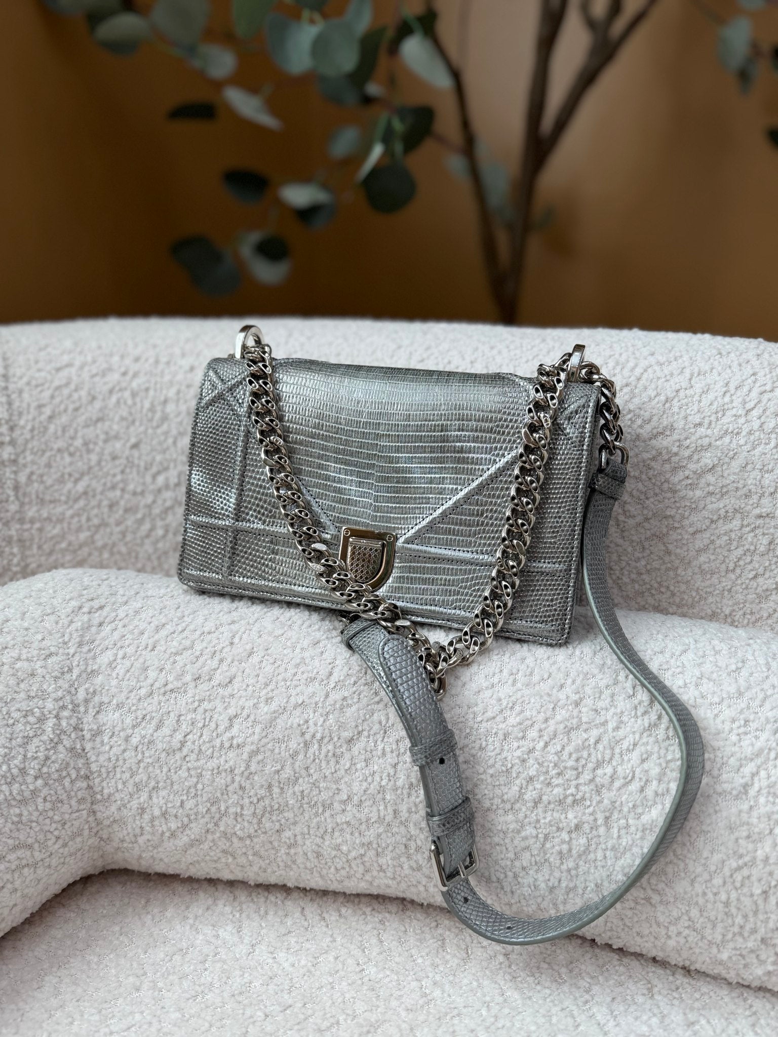 Christian Dior Metallic Silver Lizard Embossed Small Diorama Flap Bag