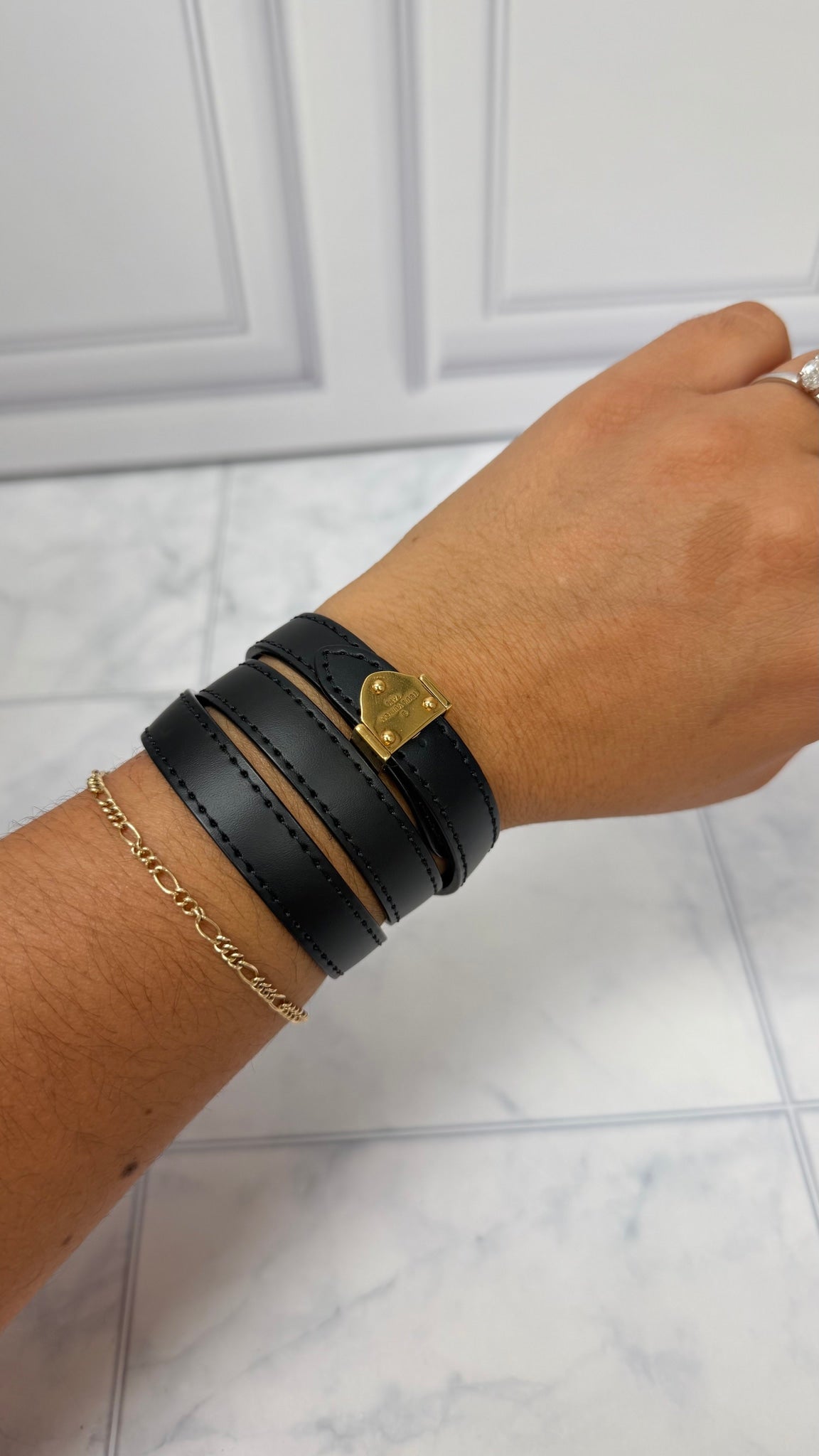 Louis Vuitton Black Leather Padlock Double Tour Bracelet