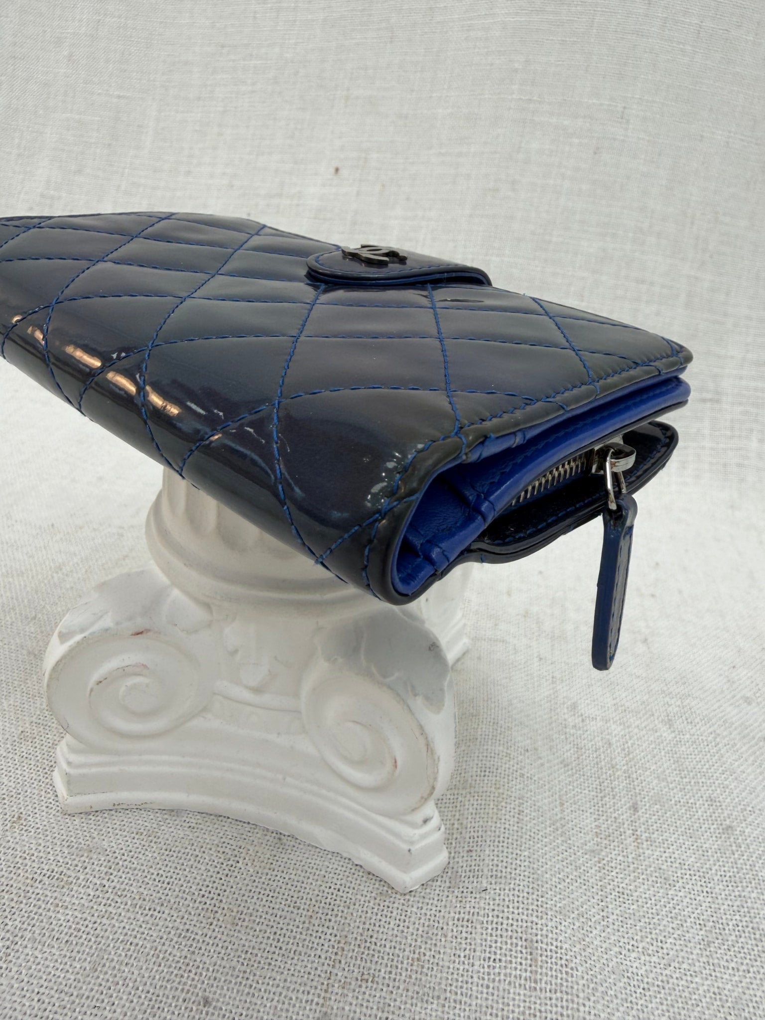 Chanel Blue Quilted Patent Leather Compact Wallet