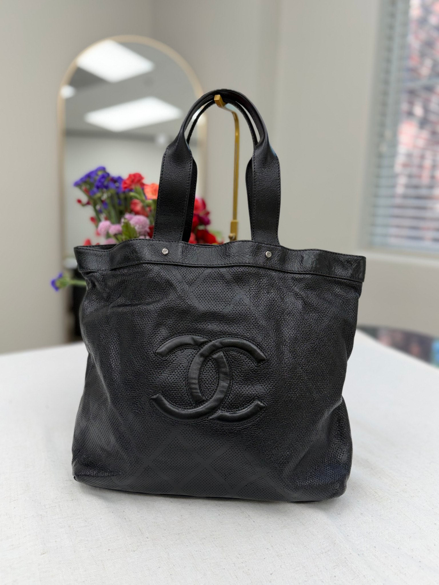 Chanel Black Quilted Perforated Leather CC Tote Bag