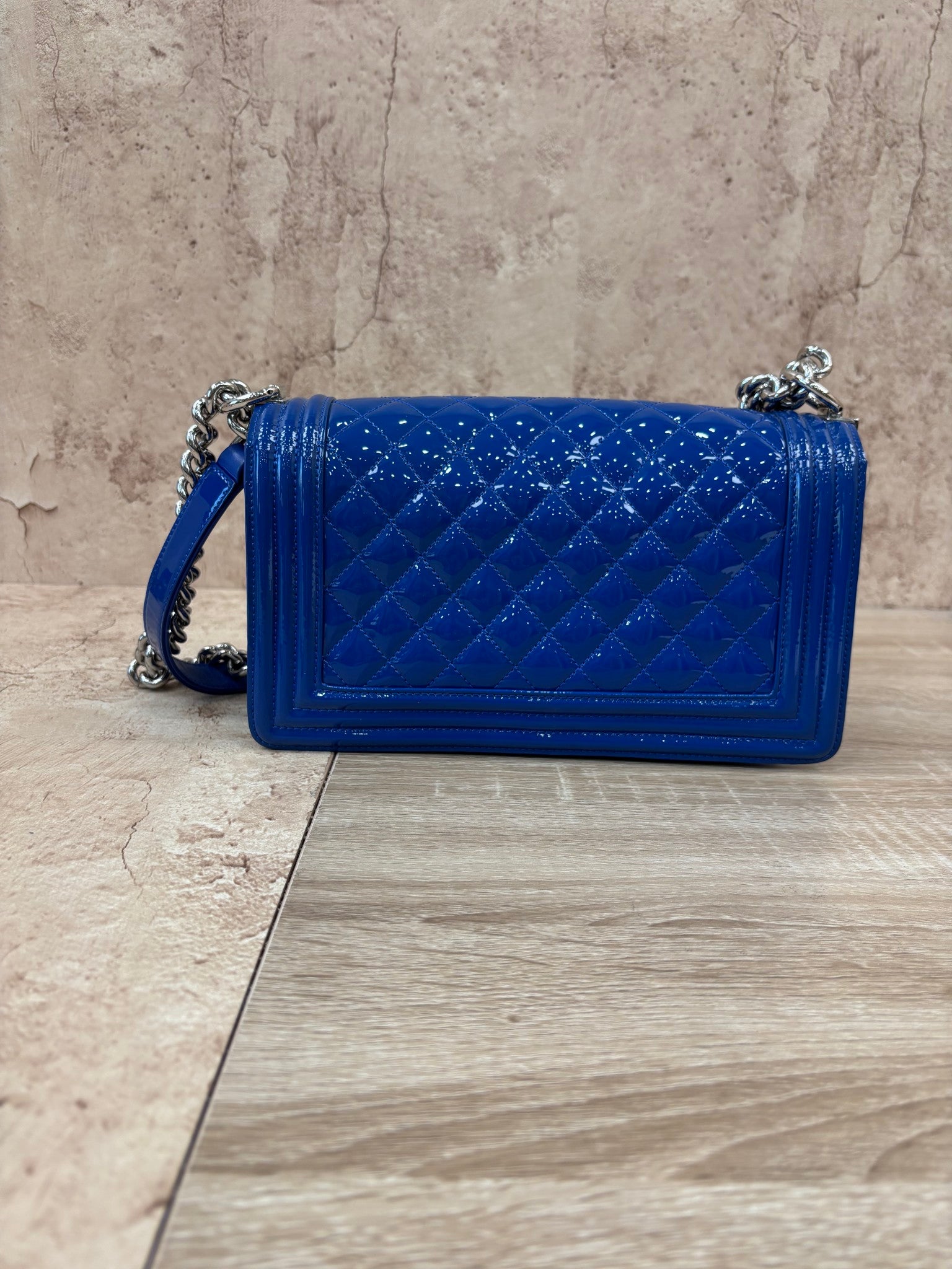 Chanel Blue Patent Leather Quilted Boy Bag