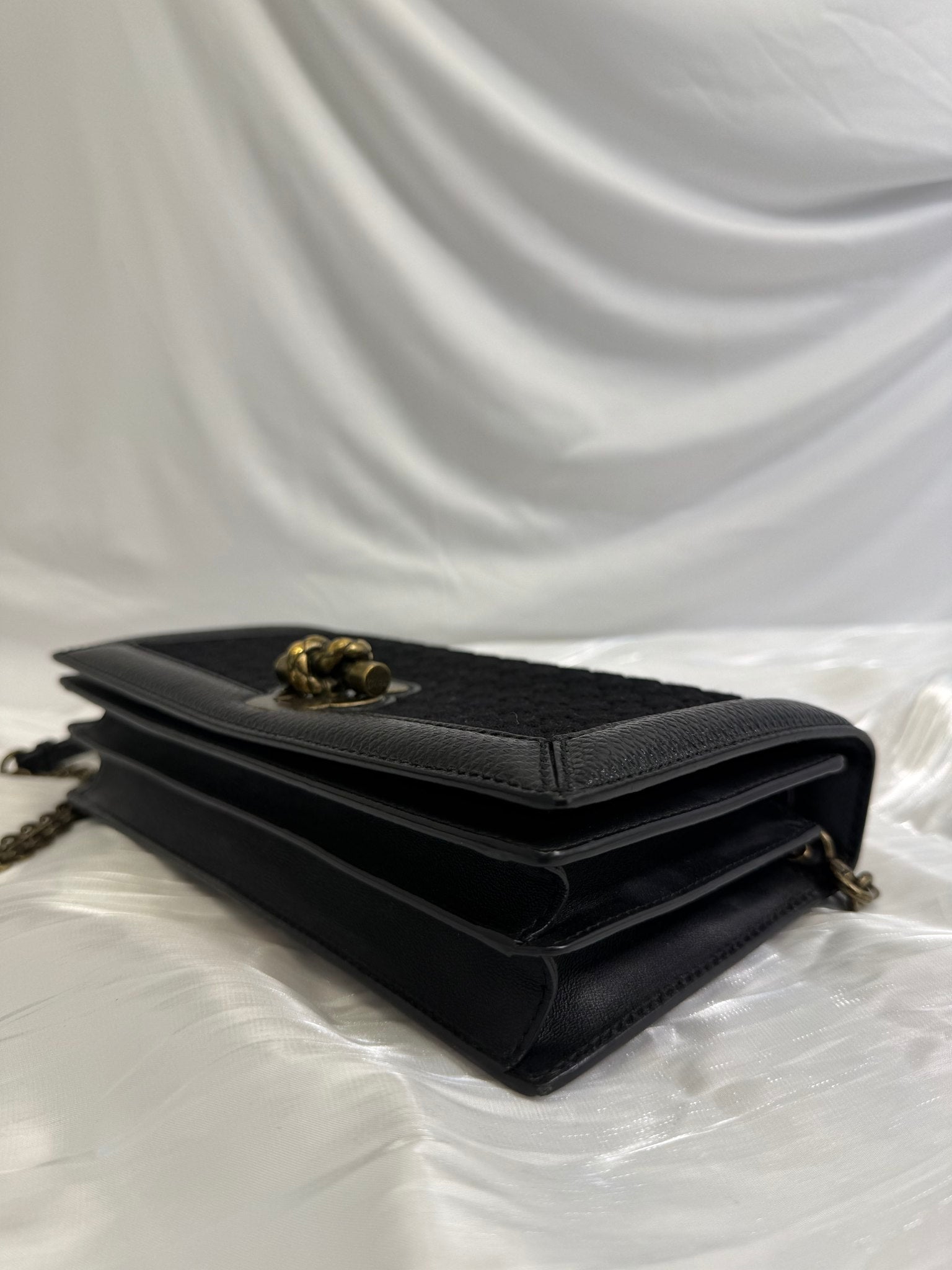 Bottega Veneta Black Cotton x Leather Olimpia Knot Shoulder Bag