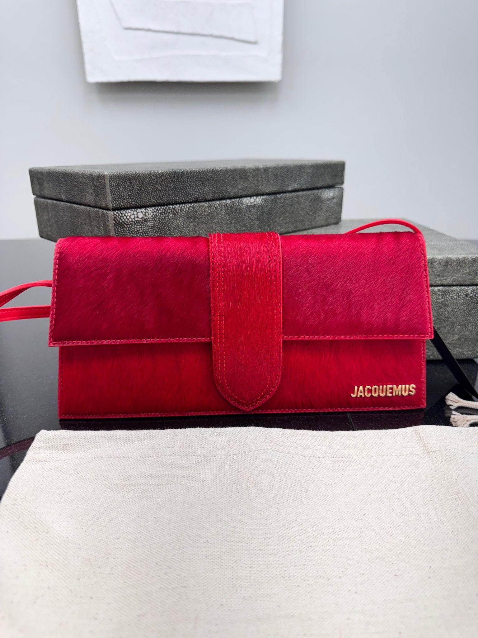 BRAND NEW Jacquemus Red Pony Hair Le Bambino Long Bag