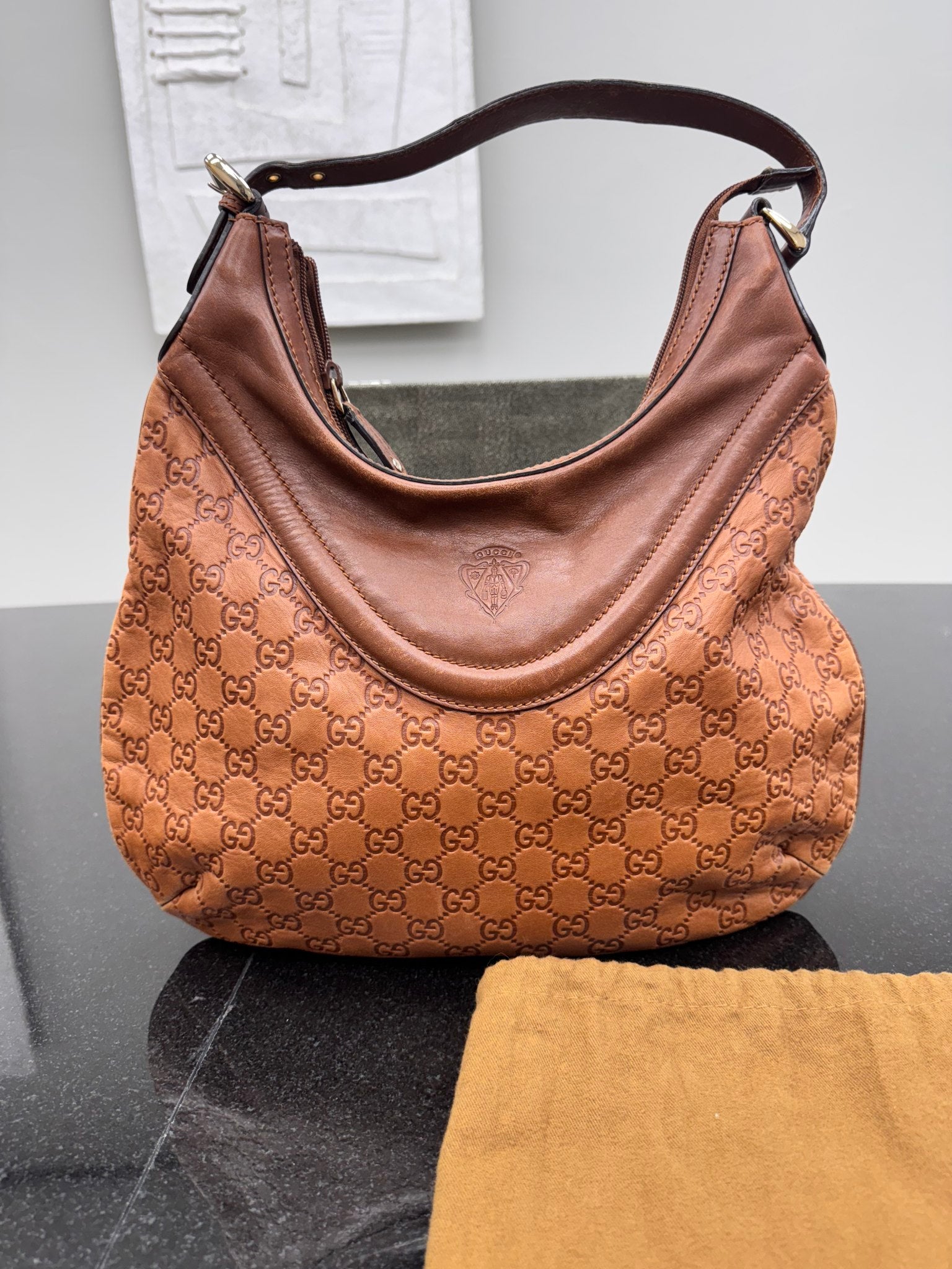 Gucci Brown Leather Embossed Guccissima Hysteria Crest Hobo Shoulder Bag