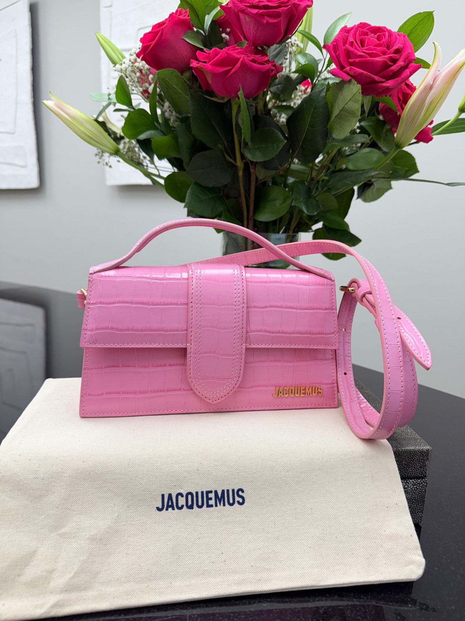 BRAND NEW - Jacquemus Pink Croc Embossed Leather Le Grand Bambino Handbag 2Way Handbag