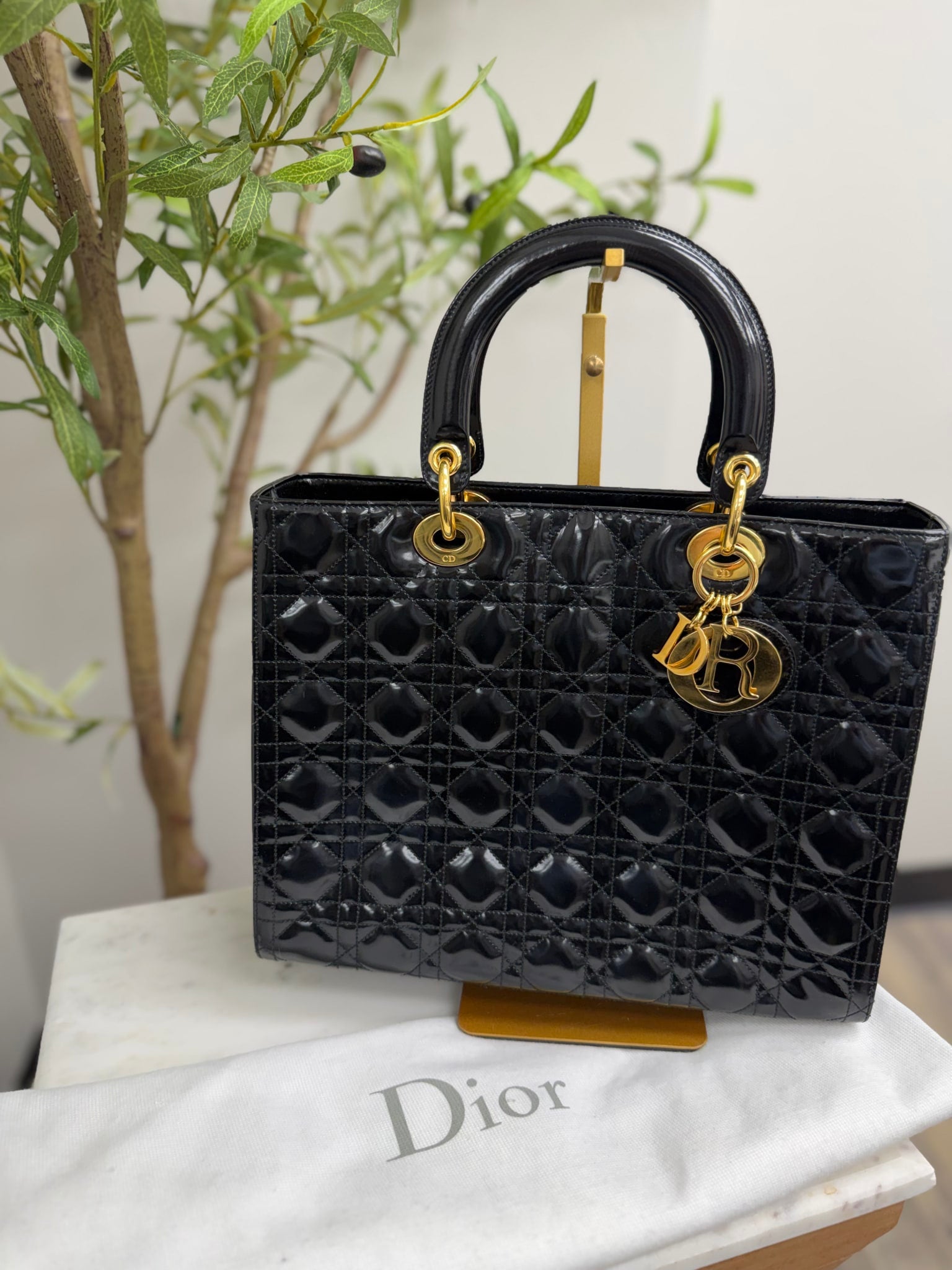 Christian Dior Black Patent Leather Large Lady Dior Handbag