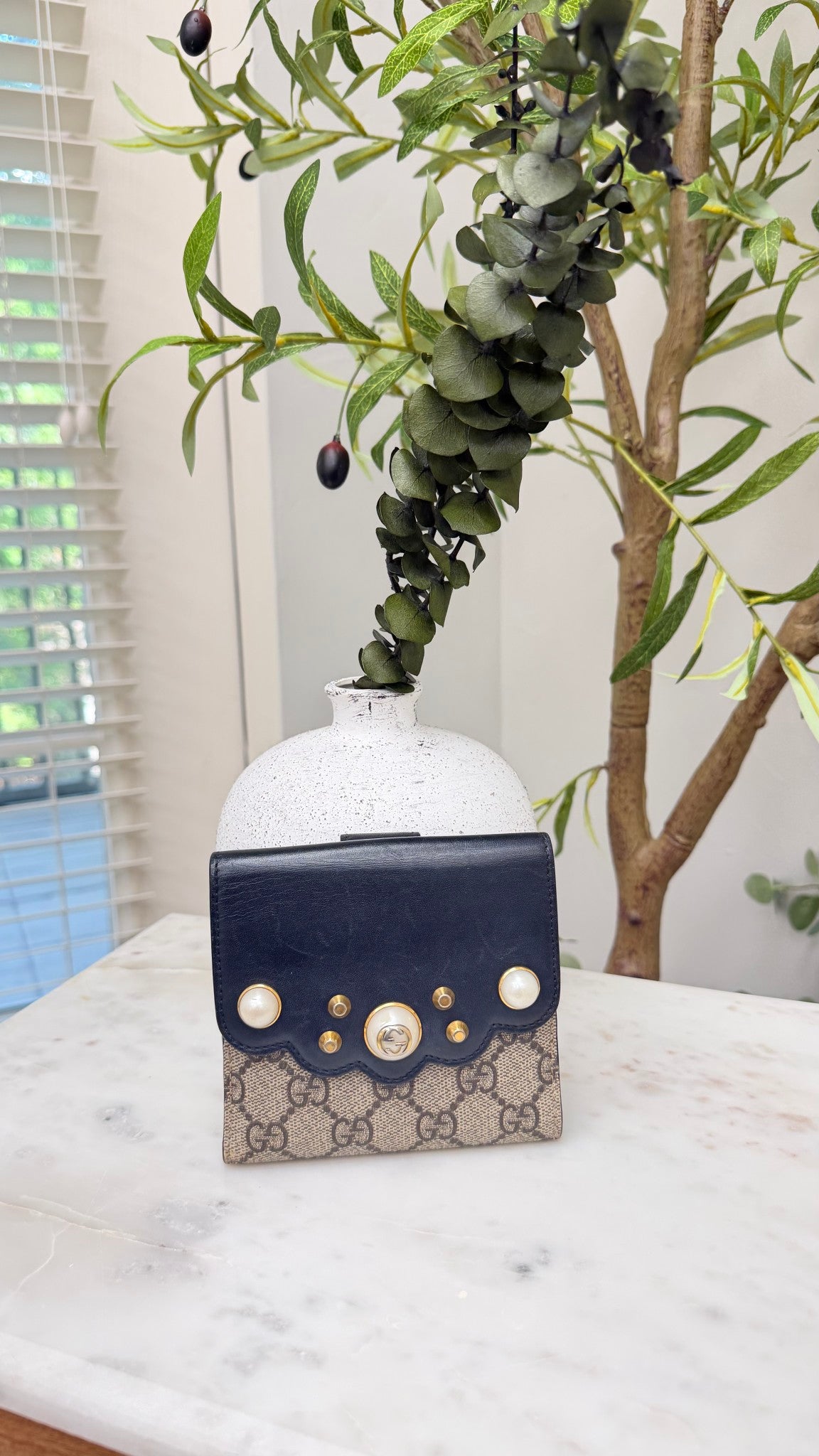 Gucci Black GG Supreme Pearl Studded French Wallet