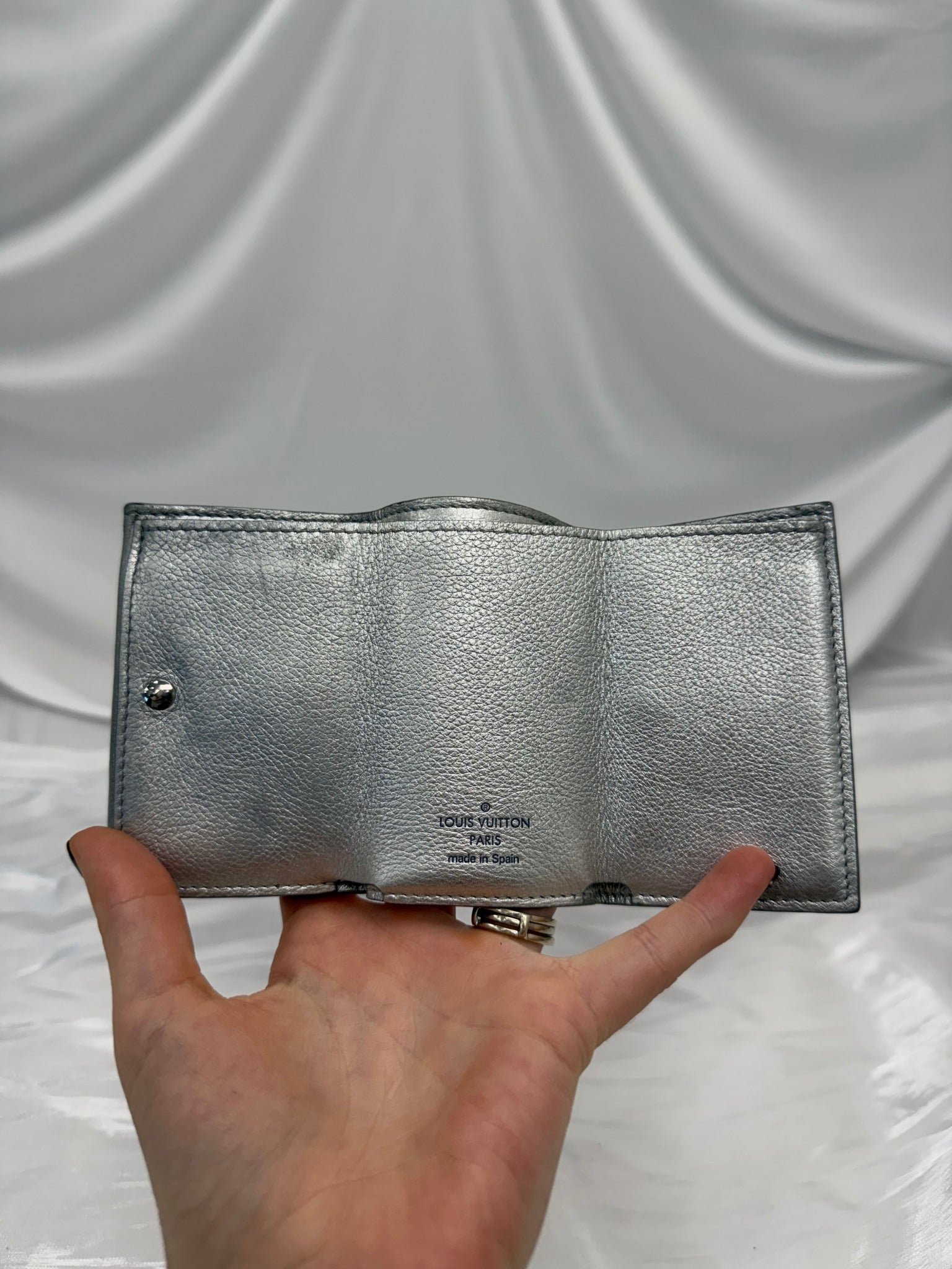 Louis Vuitton Silver Leather Mini Lockme Compact Trifold Wallet