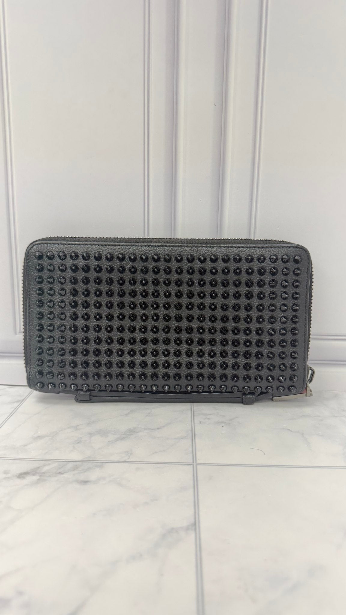 Christian Louboutin Black Leather Panettone Spiked Travel Case Zippy XL Wallet