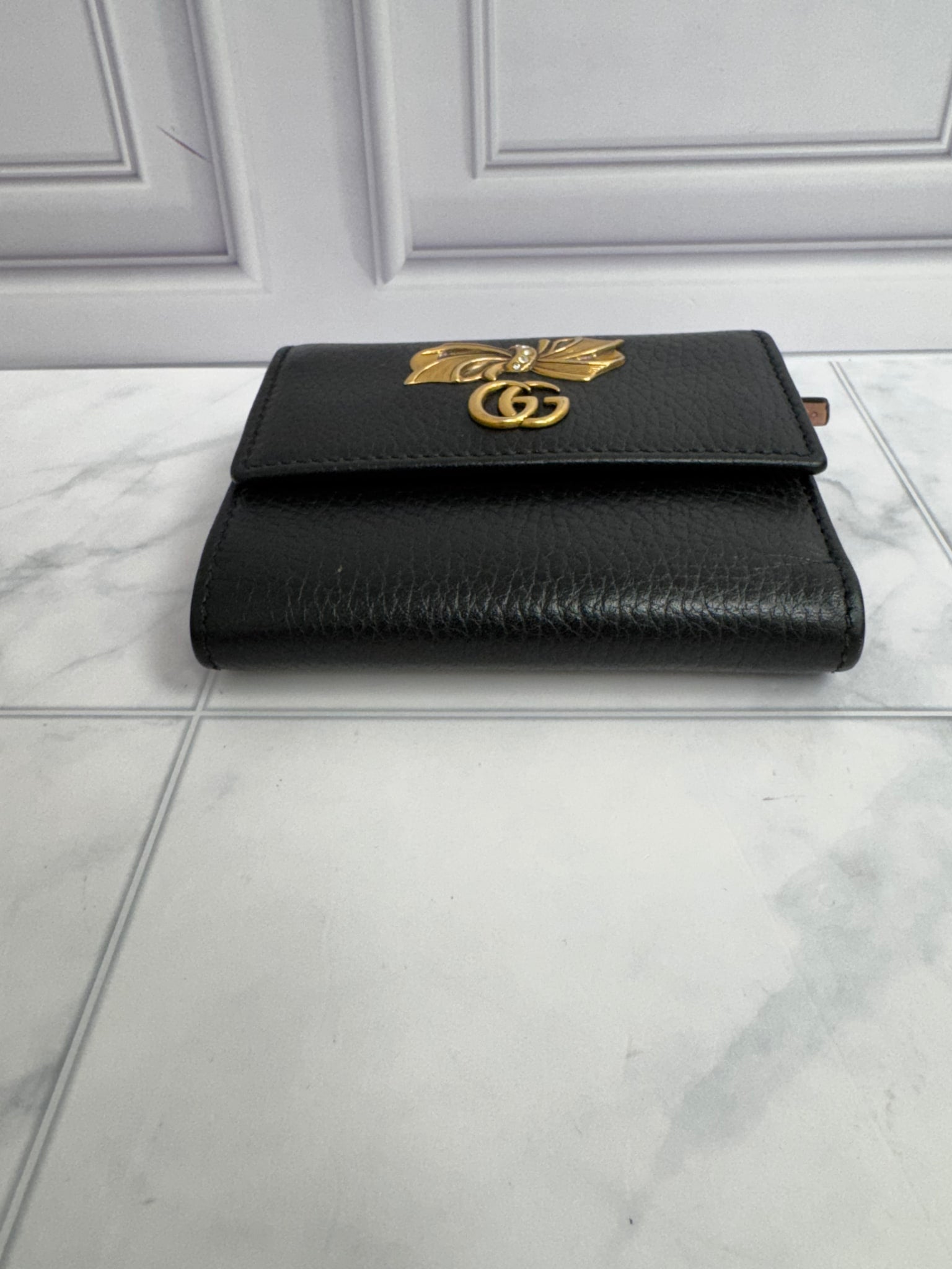 Gucci Black Grained Leather GG Marmont Bow Compact Wallet