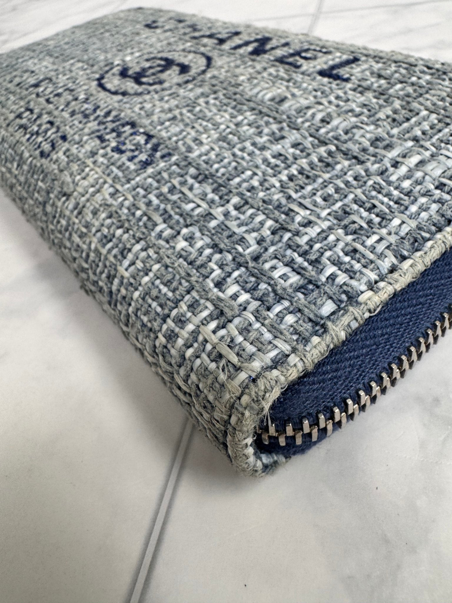 Chanel Blue Tweed Deauville Zippy Wallet